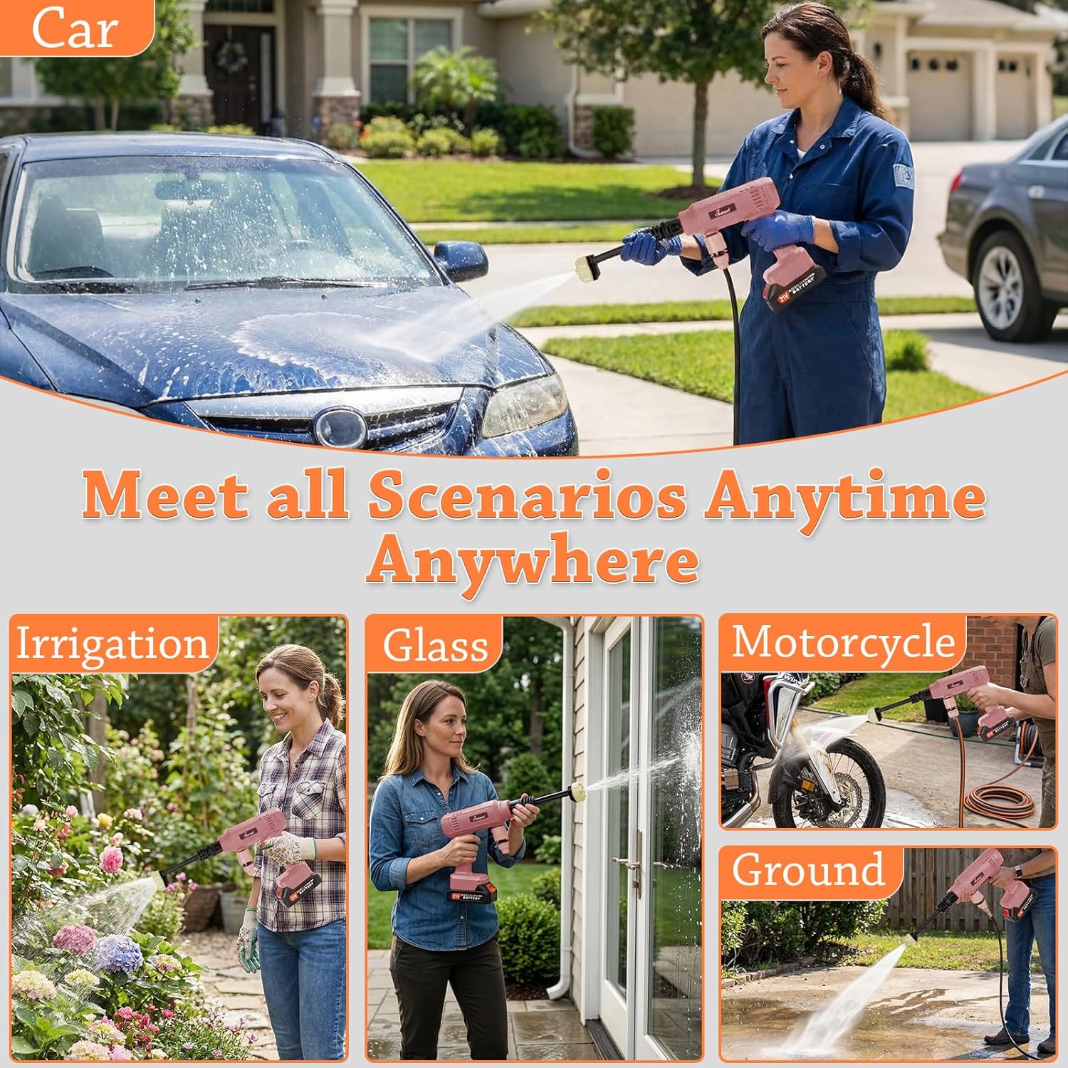 Power Washer,1300PSI Cordless Pressure Washer with 2×21V Battery&6-in-1 Multi-Function Nozzle,Portable Pressure Washer Suitable for Cleaning Vehicles, patios, Glass,and Floors (Pink)