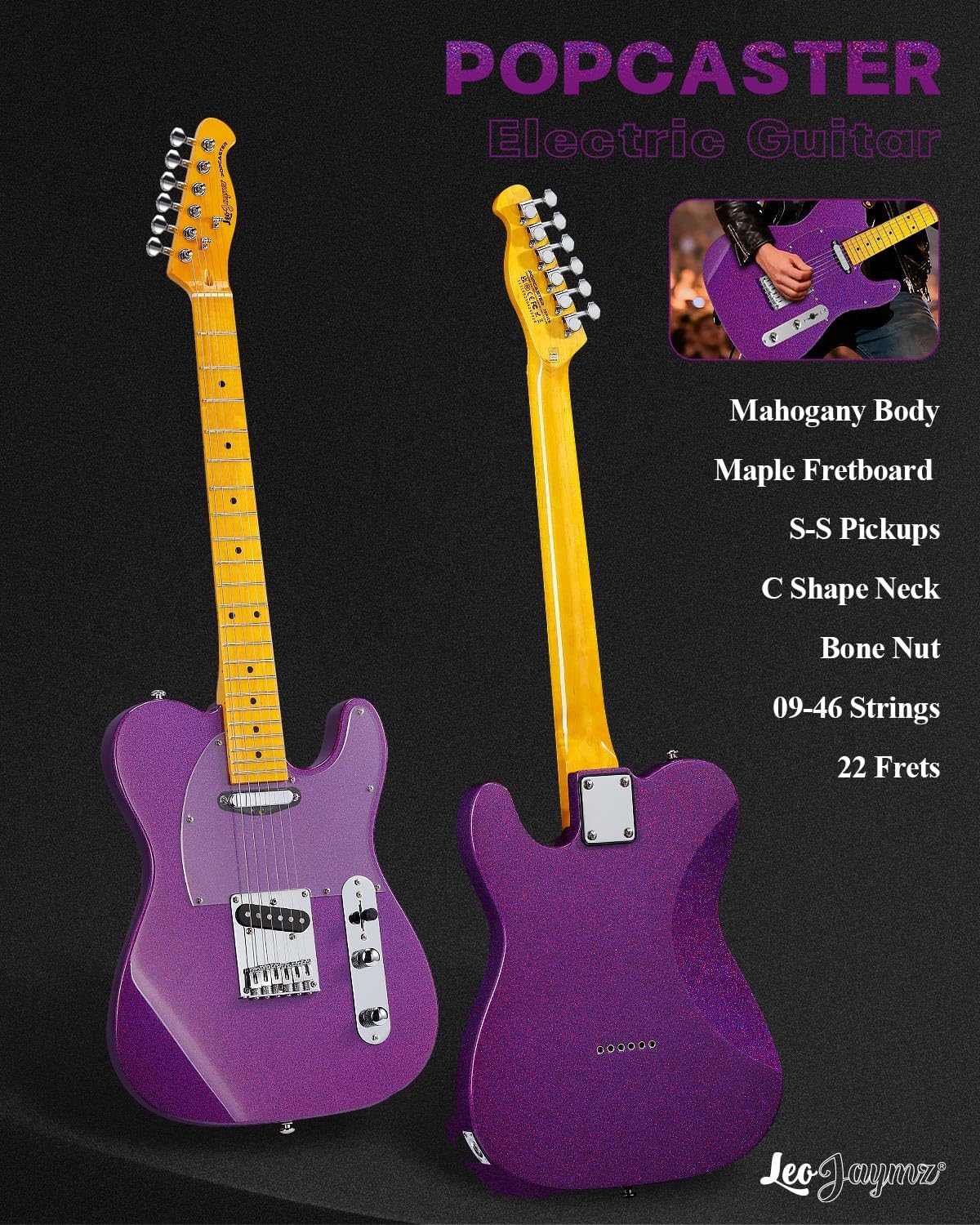 Leo Jaymz Electric Guitar in Sparkle Color - High Gloss Mahogany Body and Hard Maple Neck - High Transparent Acrylic Pickguard - Highly Output Alnico V Pickups (Elite Sparkle Purple)