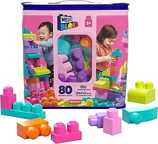 MEGA BLOKS Fisher-Price Toddler Block Toys, Big Building Bag with 80 Pieces and Storage Bag, Pink, Gift Ideas for Kids Age 1+ Years
