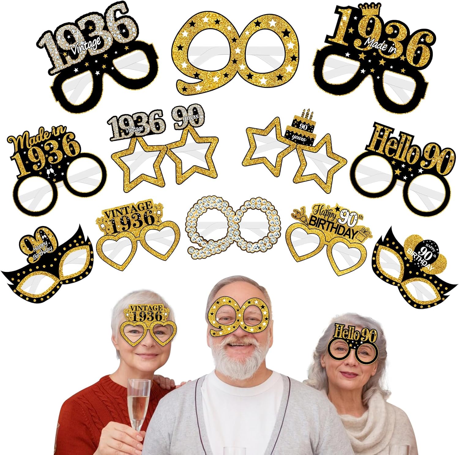 24Pcs 1936 90th Birthday Paper Glasses Decorations for Men Women - Black Gold Happy 90th Birthday Paper Eyeglasses Photo Props, Vintage 1936 Ninety Years Old Birthday Party Supplies