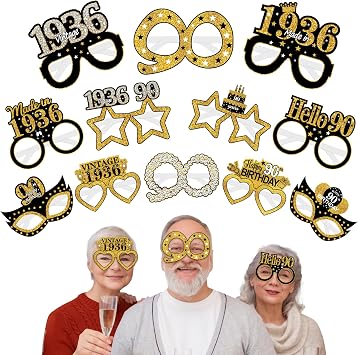 Turypaty 24Pcs 1936 90th Birthday Paper Glasses Decorations for Men Women - Black Gold Happy 90th Birthday Paper Eyeglasses Photo Props, Vintage 1936 Ninety Years Old Birthday Party Supplies