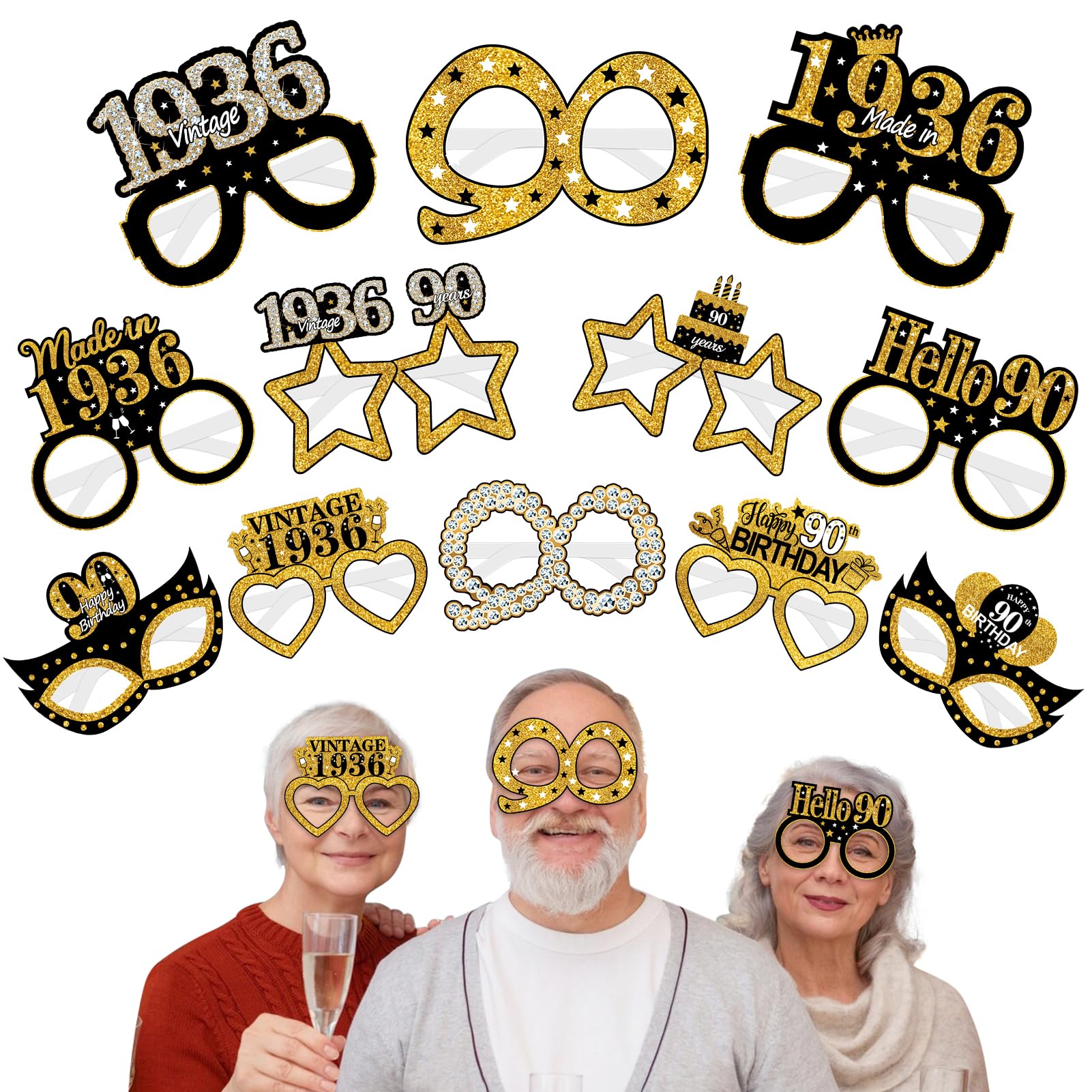 Turypaty 24Pcs 1936 90th Birthday Paper Glasses Decorations for Men Women - Black Gold Happy 90th Birthday Paper Eyeglasses Photo Props, Vintage 1936 Ninety Years Old Birthday Party Supplies