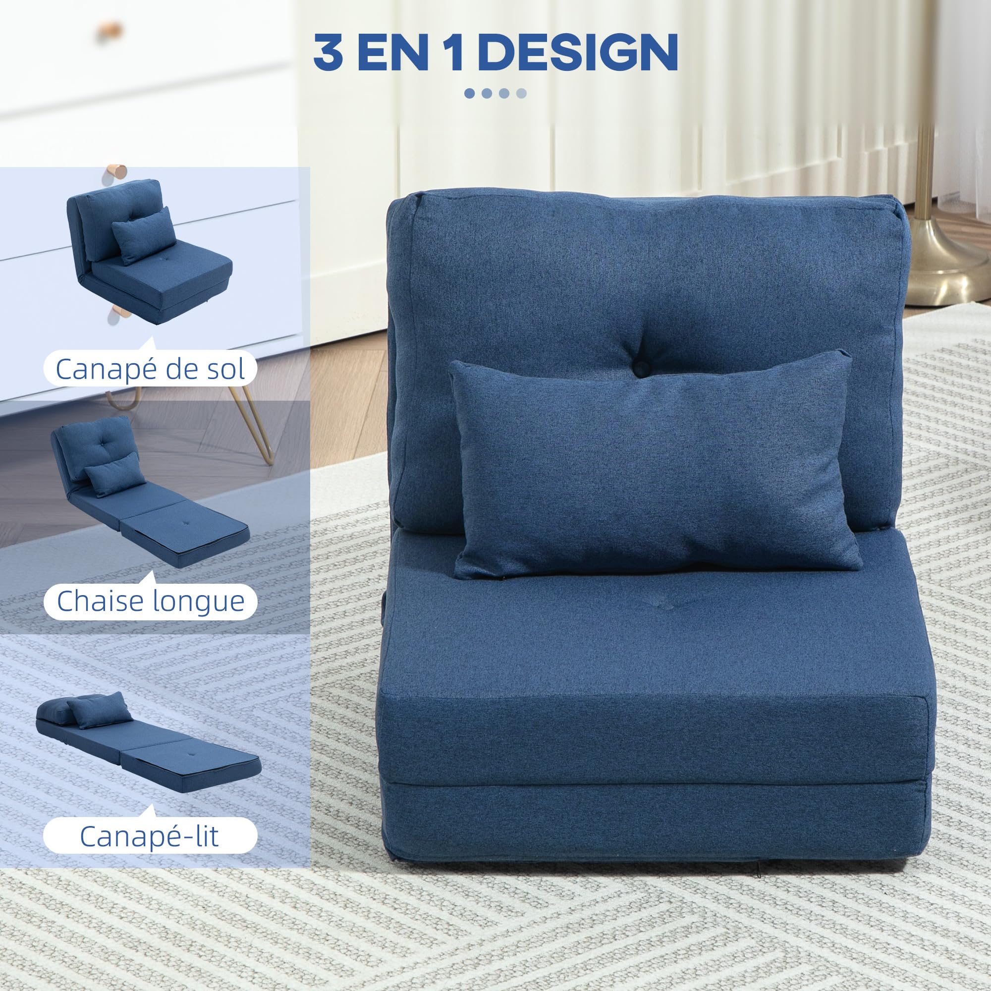 HOMCOM Sillón Convertible 1 Plaza Sillón Perezoso Cama Calentador 1 Plaza - Cojín Incluido, Respaldo Ajustable - Salón, Carga 120 kg, Tejido Lino Azul Oscuro