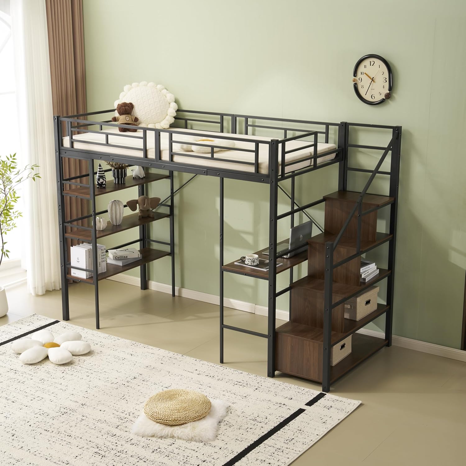 HXCQYGL ロフトベッド パイプベッド シングル デスク付き 収納棚 階段