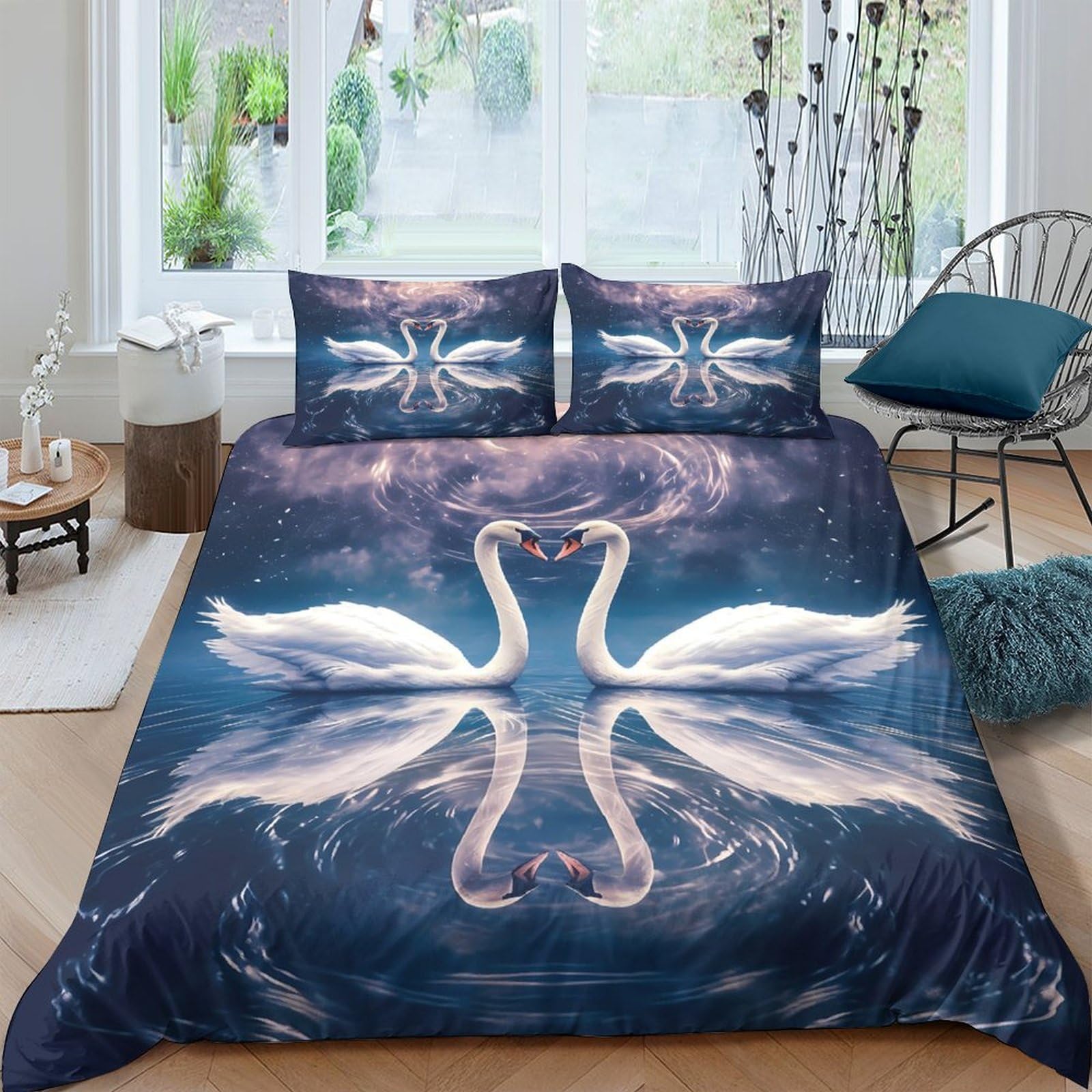 Ctjqhvkz Style-8 3D Printed Elegant Swan Reflection Fitted Sheet Microfiber Navy Blue Mattress Cover For Bedroom Guest Room Home Decor Single（135X200cm）