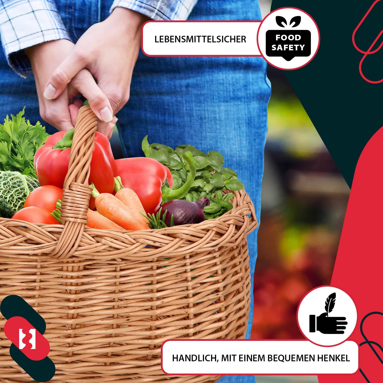 KOTARBAU® Cesta de mimbre con asa, Cesta grande de picnic, Canasta, Cesta de almacenamiento, Decoración, Rústica, Cesta para compra, comida, setas