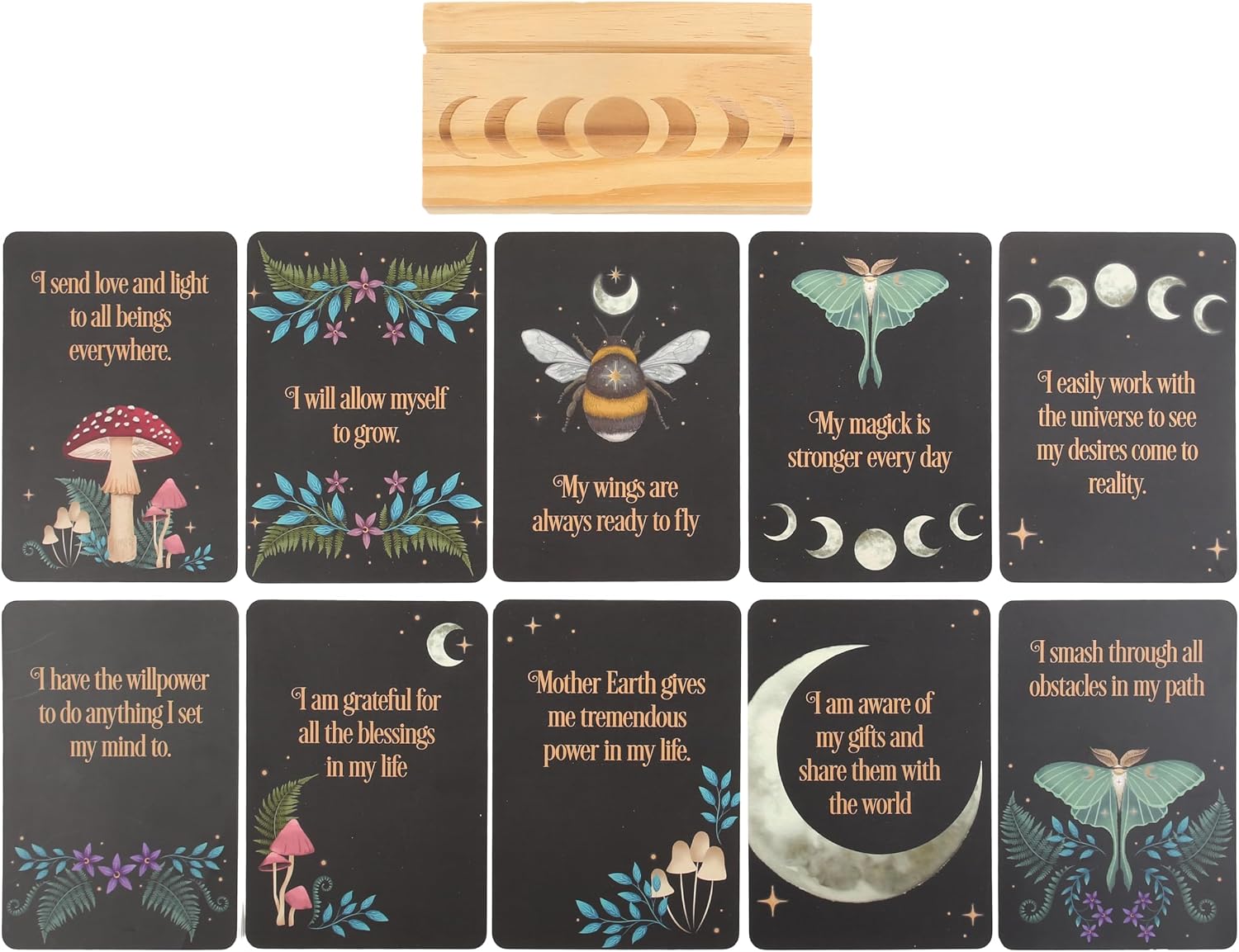 Dark Forest Mystic Affirmation Cards with Wooden Moon Phase Stand - Mystical Woodland Positivity Daily Cards