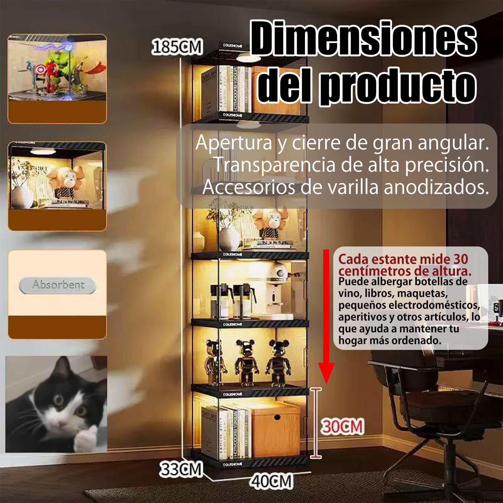 Vitrina de acrílico, Vitrina Cristal con Puerta Magnética,Organizador de Juguetes coleccionables, LED, para Dormitorio, rincón de Lectura, habitación de niños, 6niveles: L×W×H:40*33*184cm