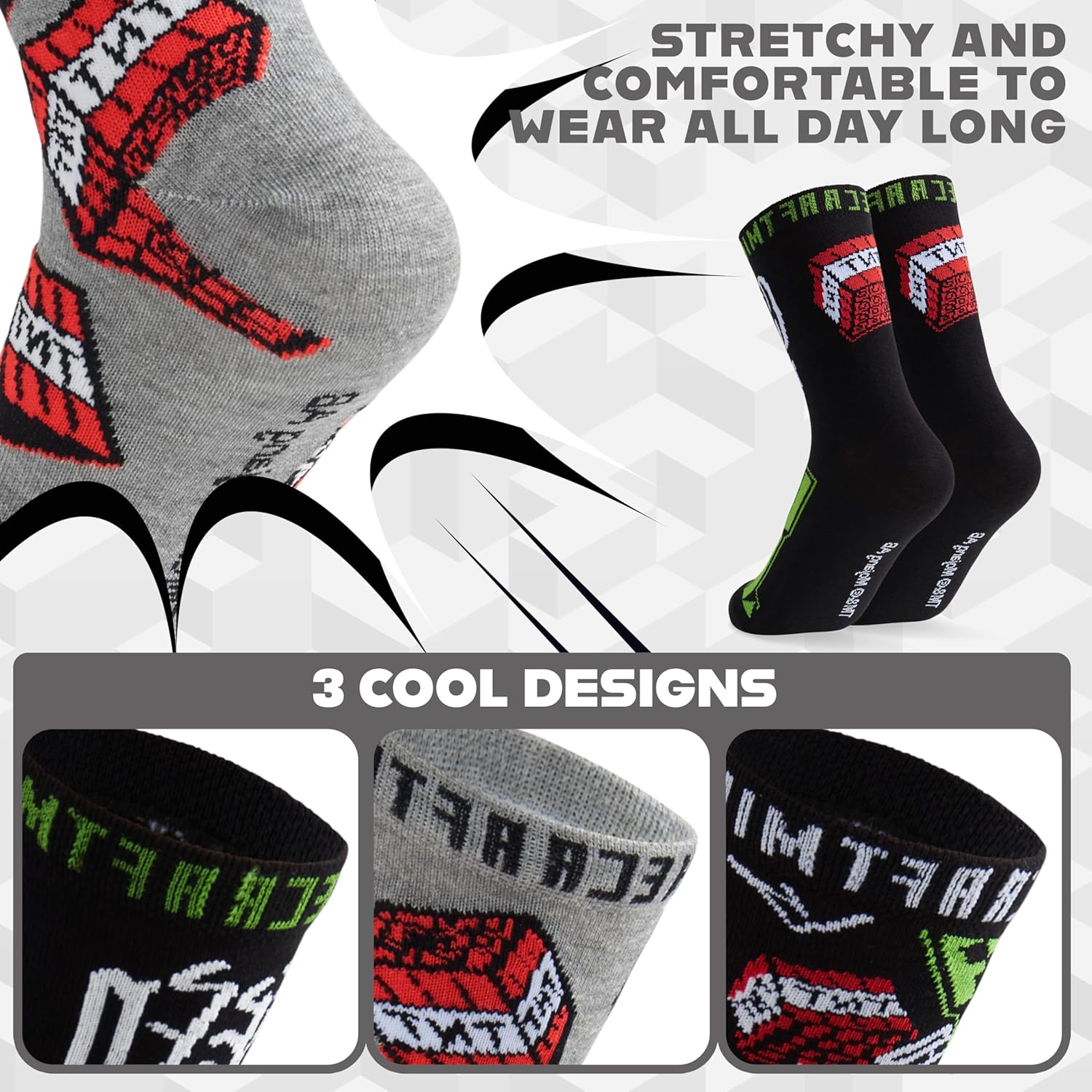 Minecraft Boys Socks Set Of 5 | Childrens Back To School Calf Socks With Creeper Diamond Sword And Tnt Print In Black Kids 5 Pack Socks For Gamers Mojang Games Merchandise Gift - View #3