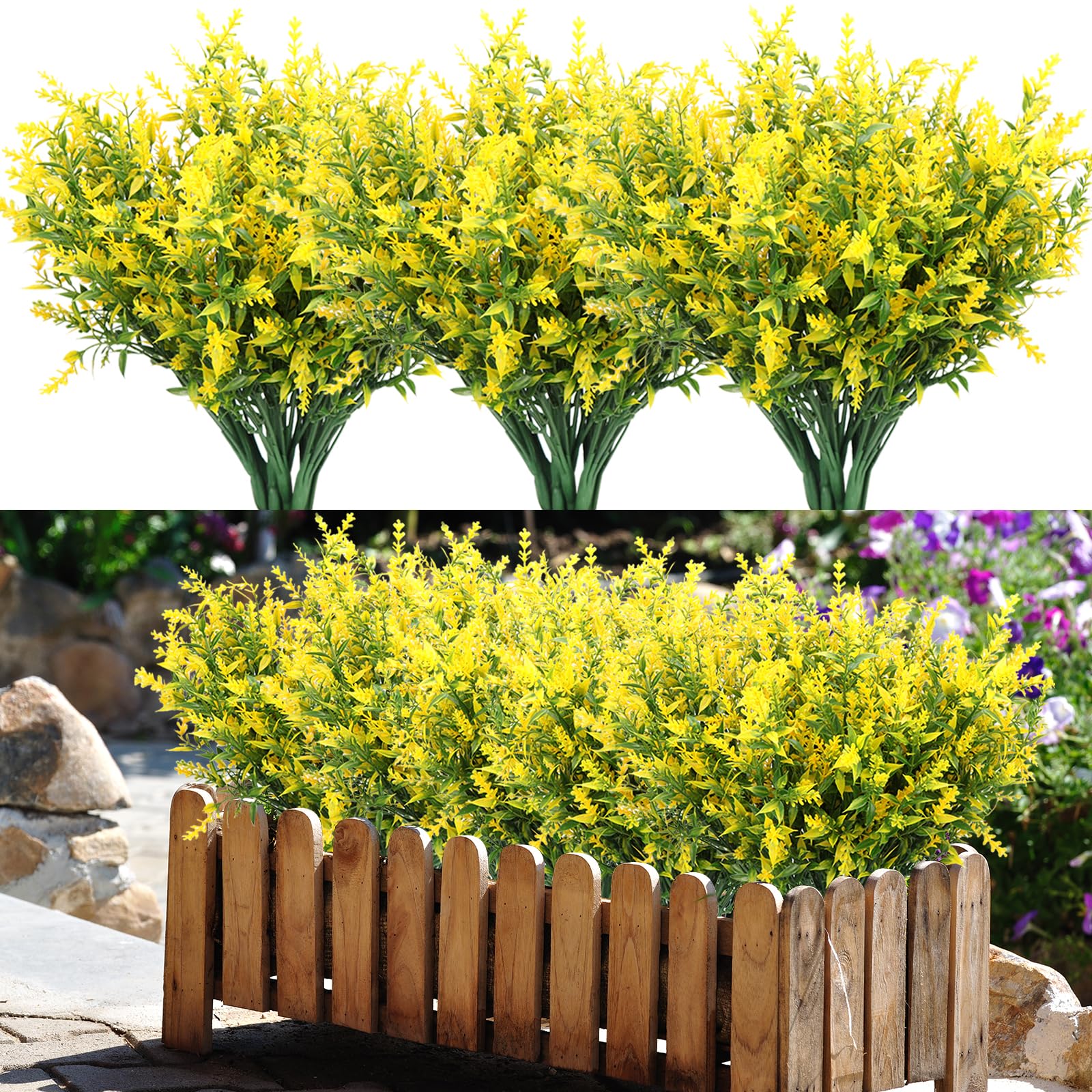 Ramos de Flores Artificiales Decoracion 10 Pieza Plantas Artificiales Decorativas Arbustos Artificiales Flore de Plastico para Cementerio Lavanda Artificial para Interior Exterior Jardín (Amarillo)