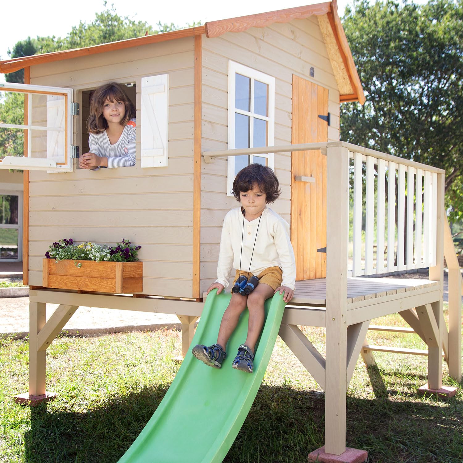 Casita Infantil de Madera Exterior con Tobogán Super OLI | Colores Personalizables | 150 x 192 x A230 cm | Casas Green House