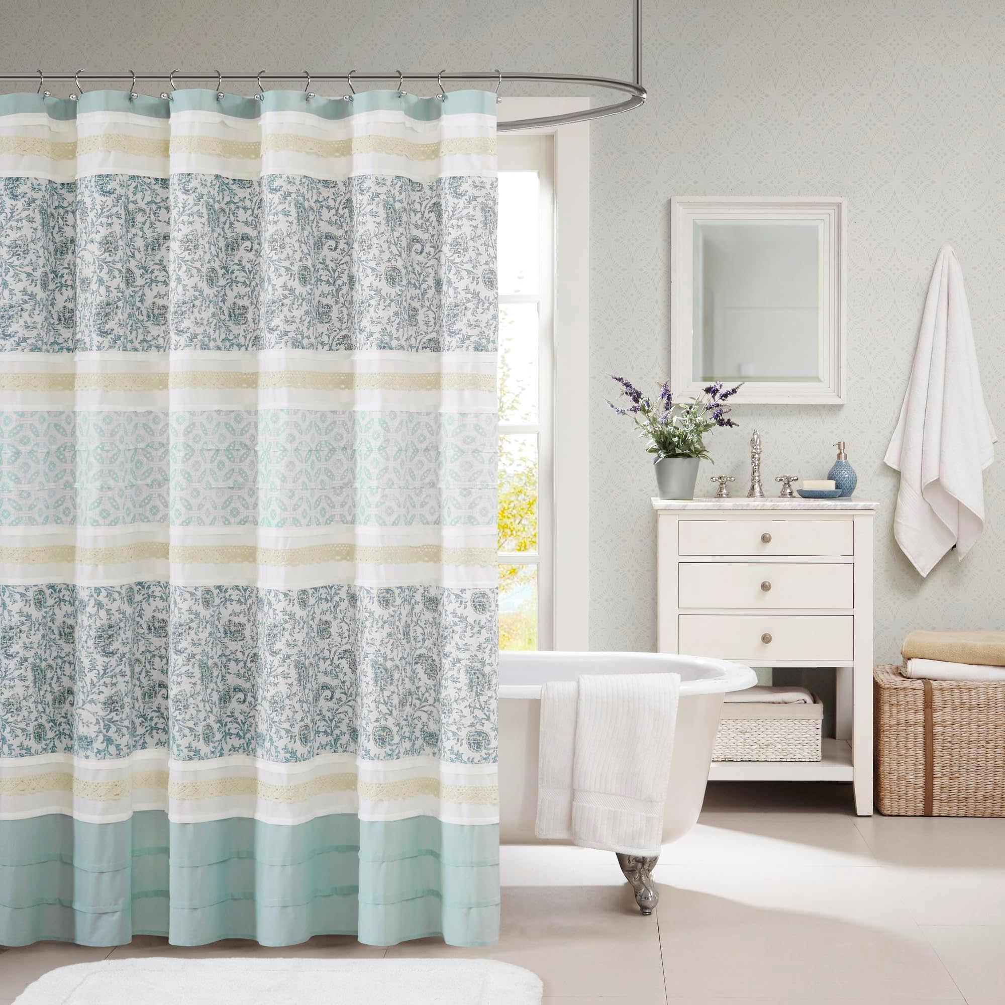 Madison Park Dawn Cotton Fabric Shower Curtain, Pintucked Paisley Design Curtain Machine Washable Shabby Chic Modern Home Bathroom Décor Bathtub Privacy Screen, 72" x 72", Blue