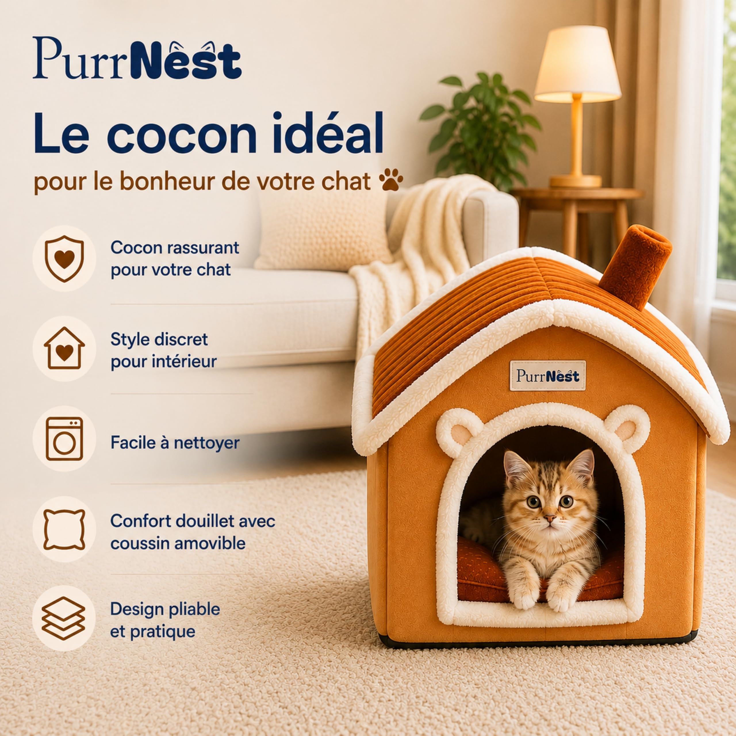 Maison Premium pour Chat, Niche Intérieure avec Coussin Doux Lavable, Couchage Cocon Confortable pour Chat et Petit Chien