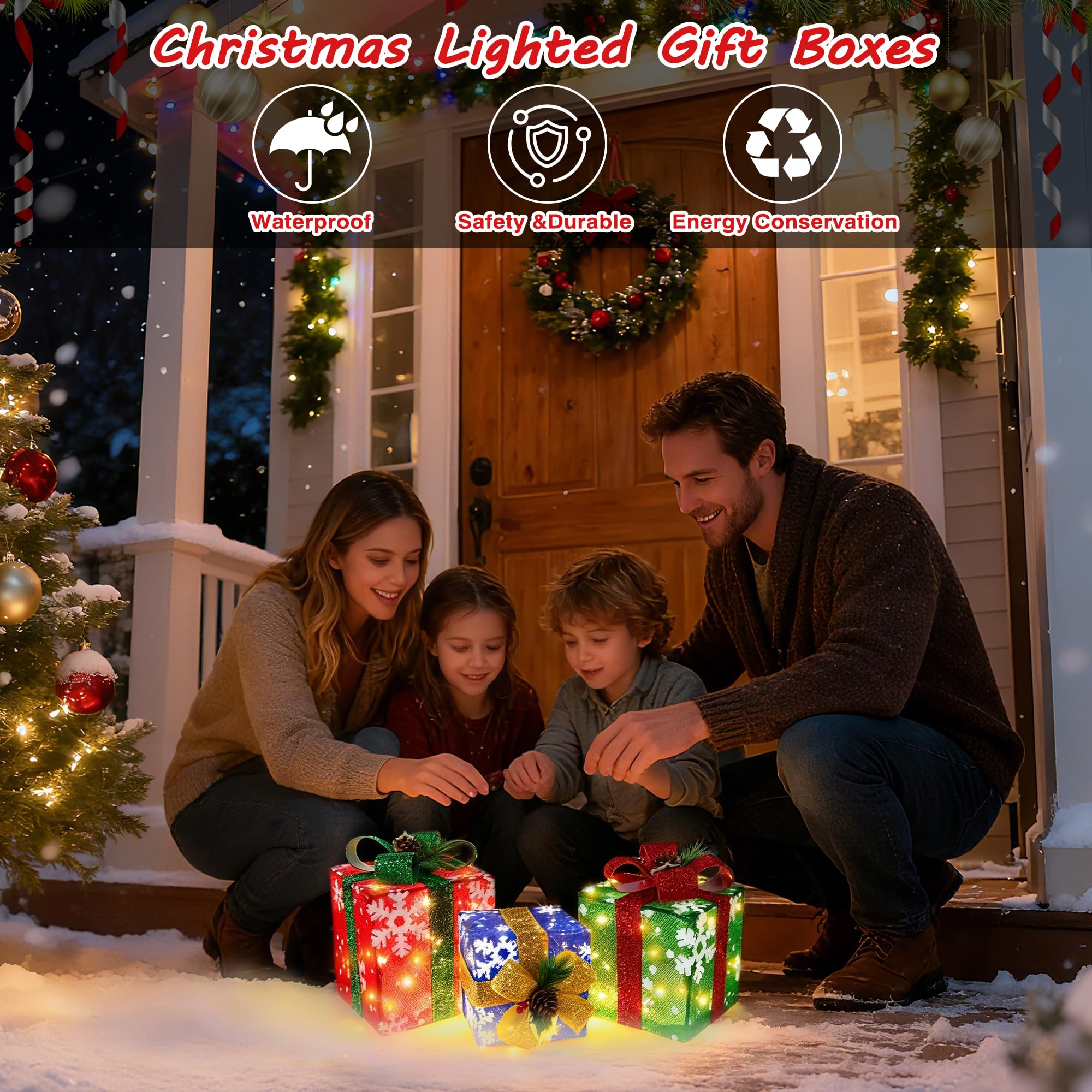 iBaycon Scatole Regalo Illuminate con Luci Di Natale,60 Led Bianco Caldo