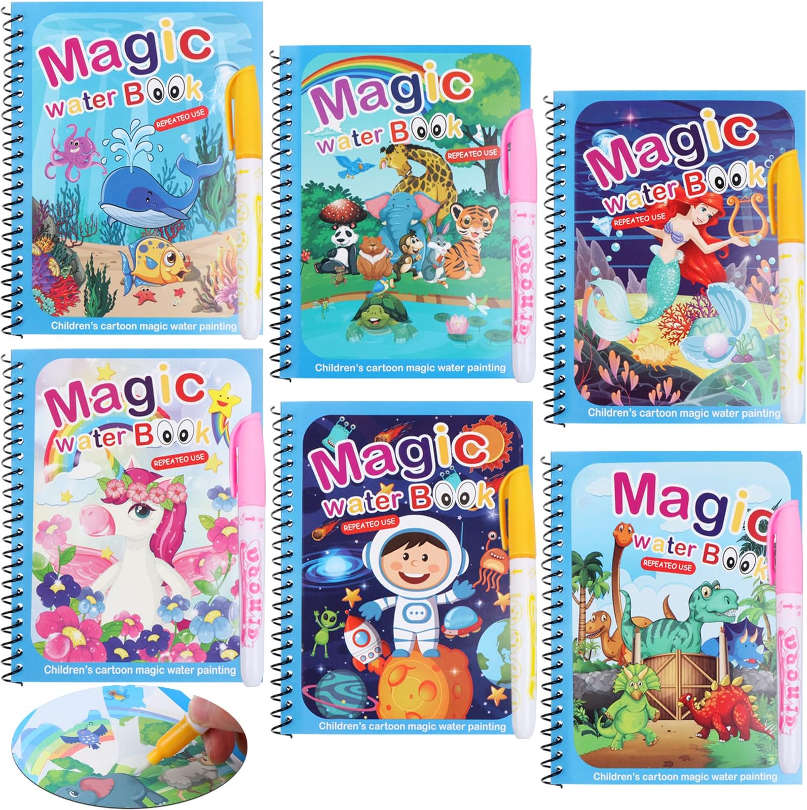 6 Pack Magic Water Coloring Book, Magic Painting Books with Water Pen Mess Free Coloring Books for Toddler 2-4Years Reusable Coloring Book-Gift for Children 3+