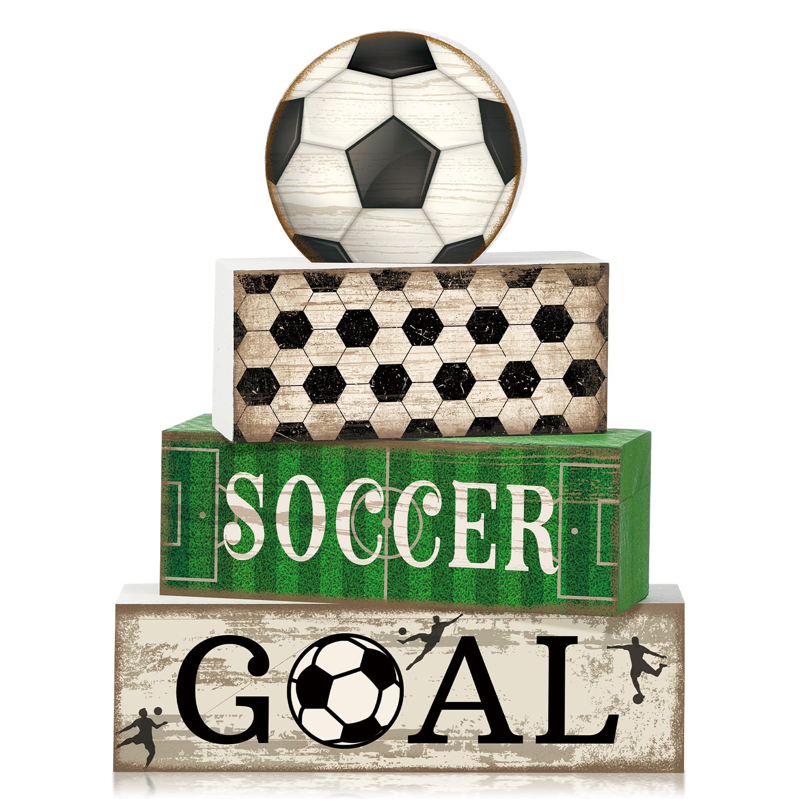 Moucuny 4 Pcs Soccer Party Decorations Soccer Table Centerpiece Football Tiered Tray Decor Wooden Ball Block Signs Gift Sports Themed Table