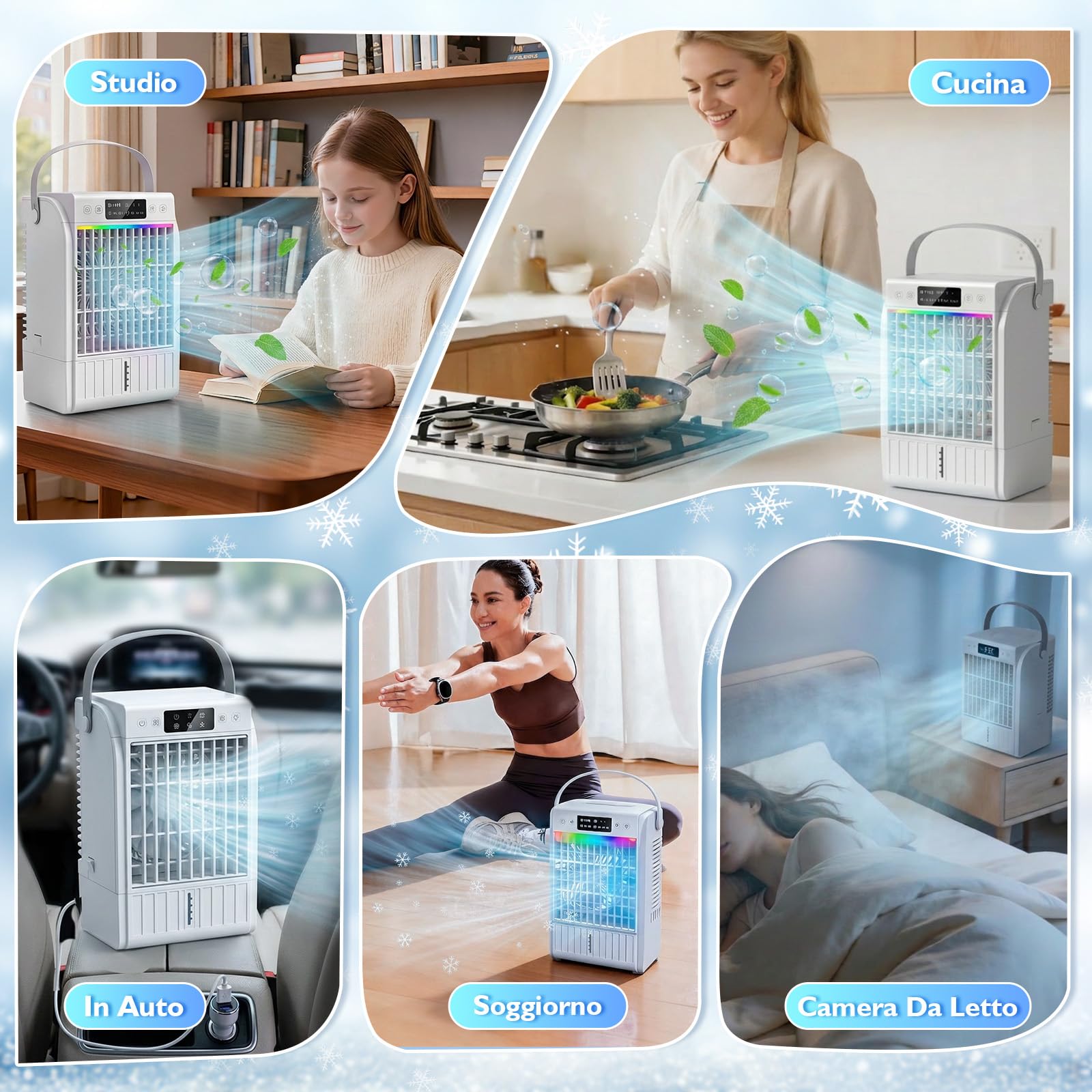 JONRRYIN Condizionatore Portatile Piccolo, Mini Climatizzatore 4 in 1 con 1500ML Serbatoio dell'acqua e 2 Modalità Nebbia Fredda, 4 Velocità, Timer, Luce Notturna a 7 colori, USB per Casa/Ufficio