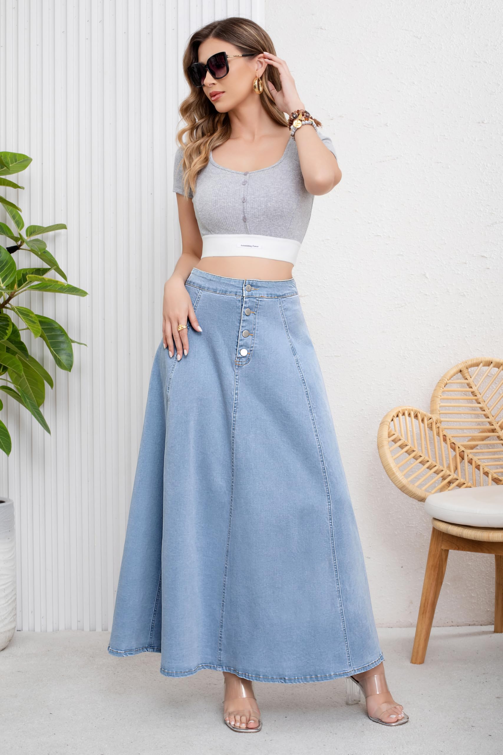 ebossy Damen Retro-Jeansrock mit hoher Taille, Knopfleiste, fließendes Plissee, Swing A-Linie Denim Maxi-Röcke