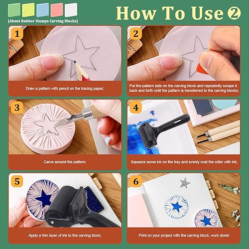 Miniatura 7 de Keadic Kit de fabricación de sellos de goma de 41 piezas, incluye 2 bloques de tallado de sellos de goma, 3 herramientas de tallado y piedra de