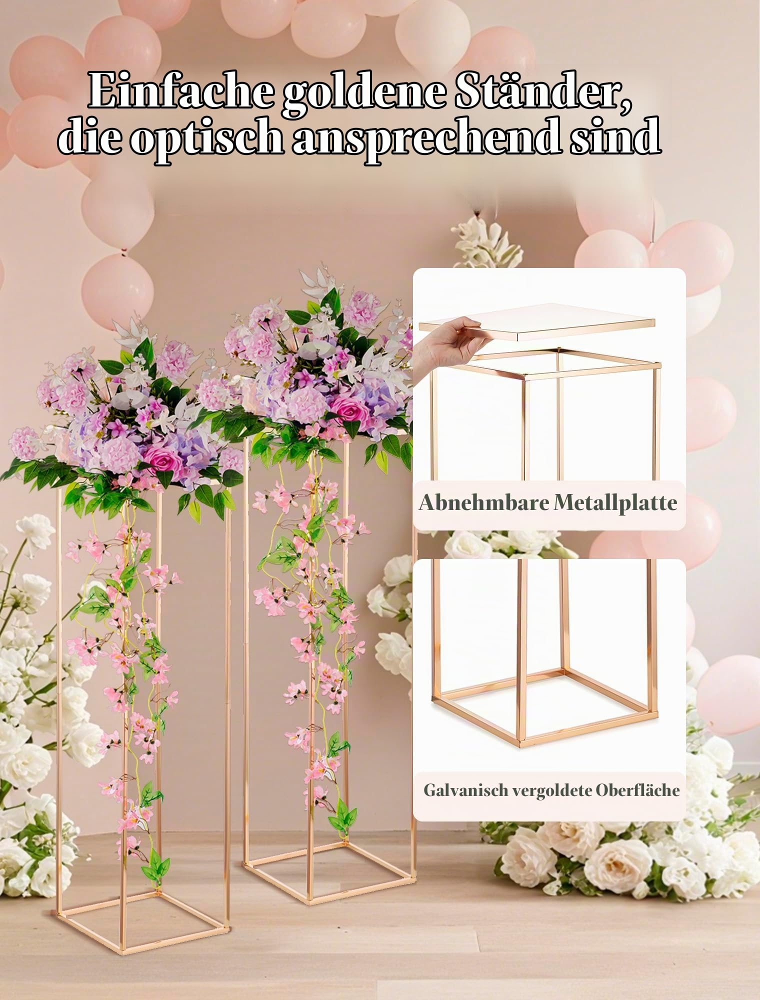 Gold Metall Blumenständer, 100 cm, mit Metallplatte, 2 Stück