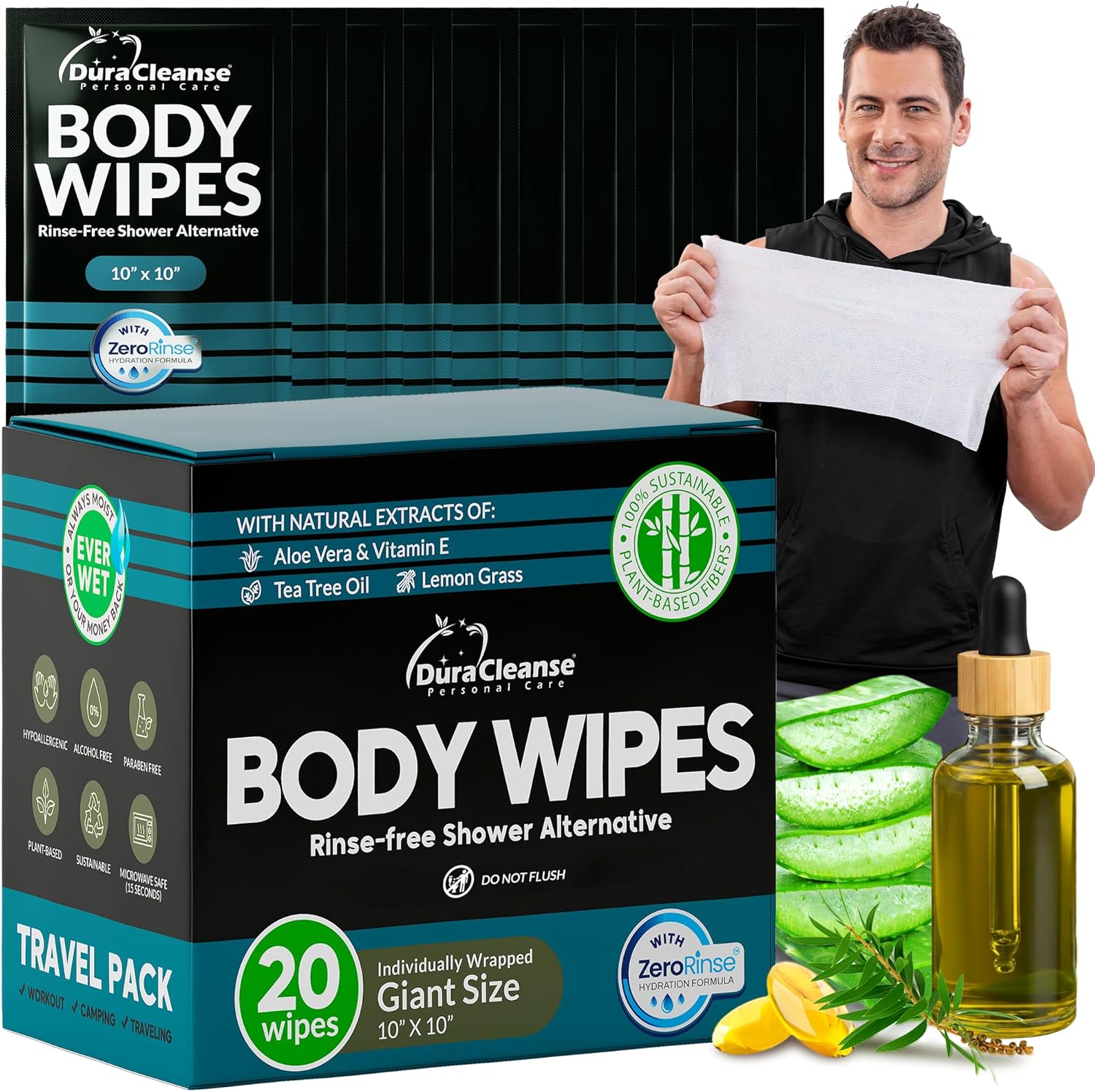 Dura Cleanse トラベルボディワイプ - 最大洗浄力 (ウルトラクリーン) - 20枚 XL 10インチx10インチ 個別