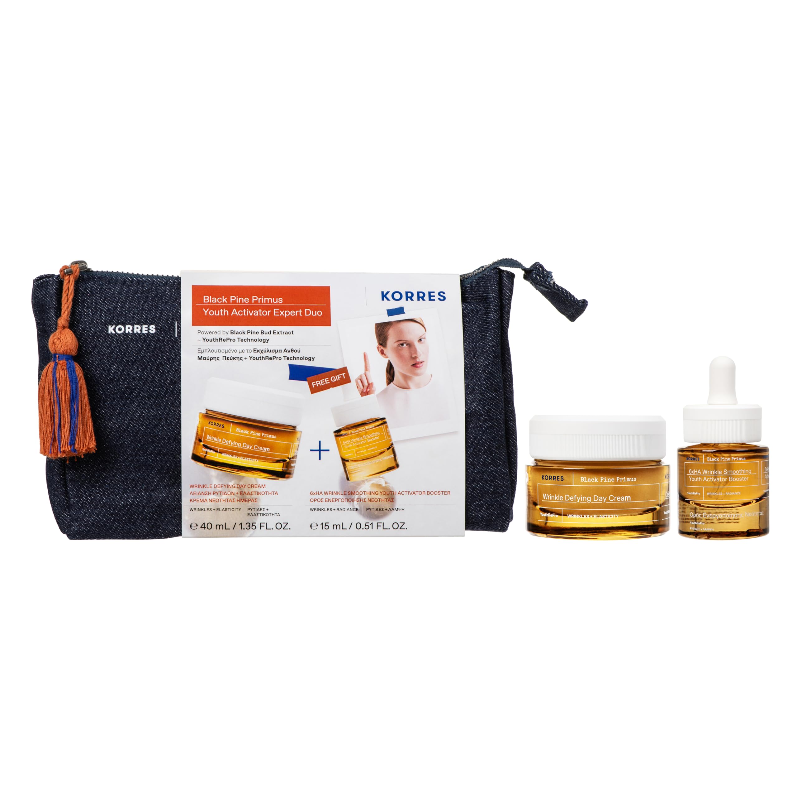KORRES Black Pine Primus Youth Activator – Expert Duo, set di cura anti-invecchiamento in crema da giorno da 40 ml e Booster da 15 ml per una maggiore forza di serraggio e un aspetto ridotto delle