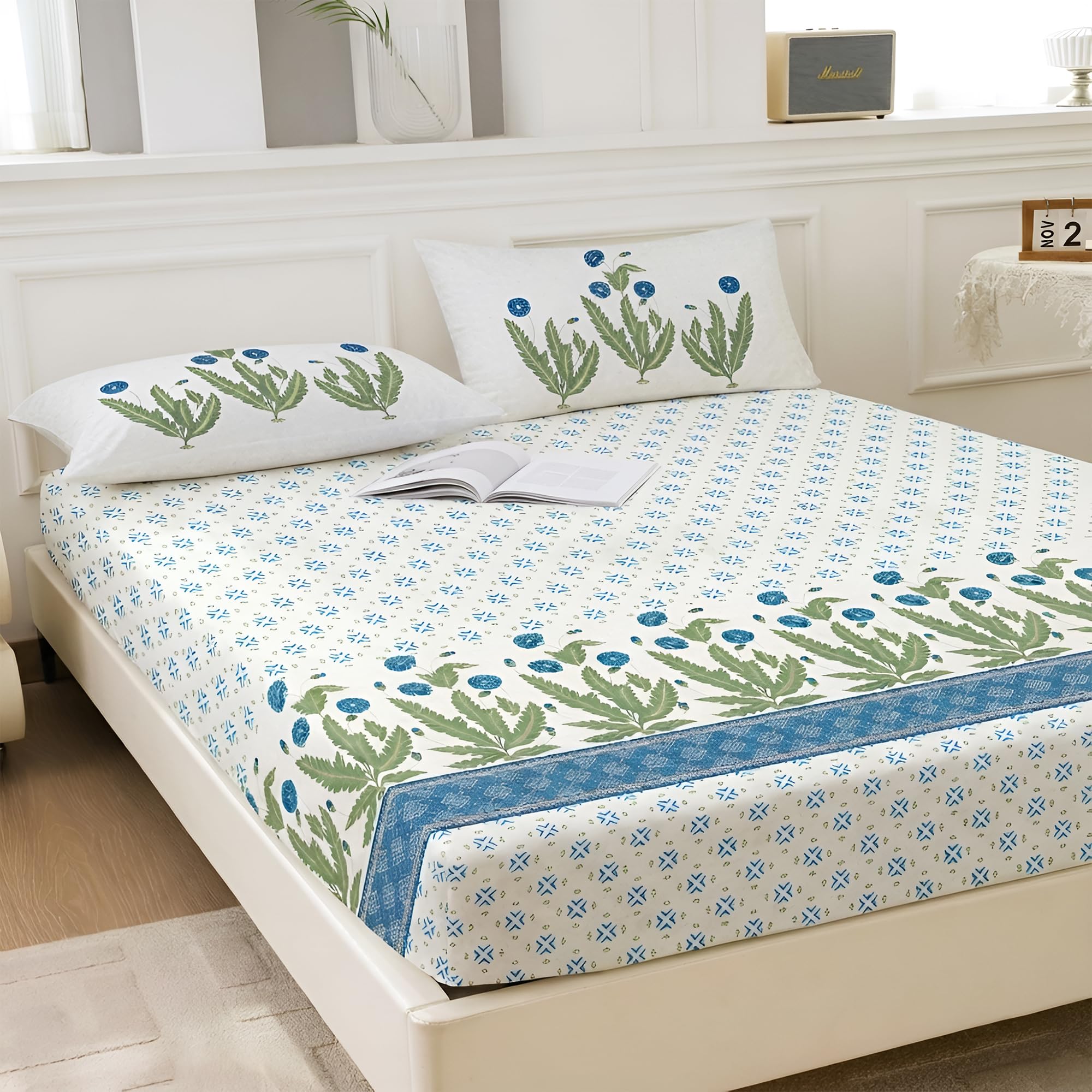Story@Home 260 TC 100% Cotton Cal King Size Bedsheet, White & Sky Blue | Jaipuri Block Print 270 x 270 cm | 2 Pillow Cover...