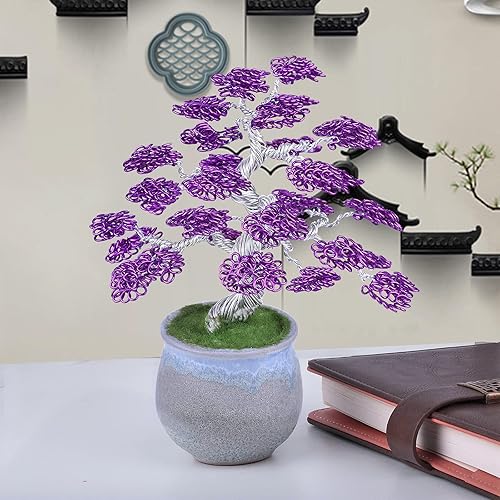Miniatura 7 de rockcloud Escultura de árbol de dinero de alambre de aluminio con base de cerámica Feng Shui Bonsai decoración del hogar para la suerte y la