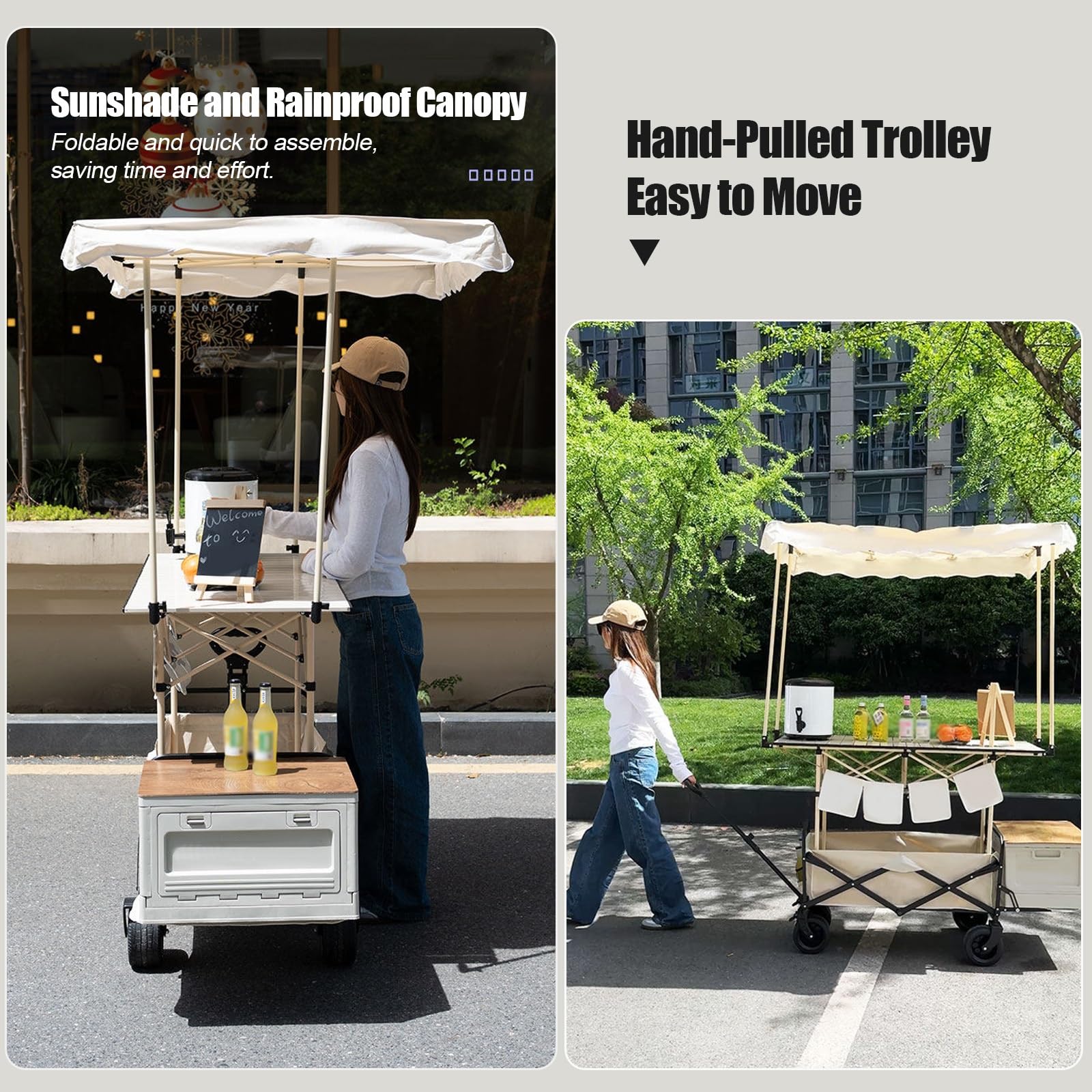HARELA Genérico Puesto de Mercado con toldo, Móvil de Venta Ambulante de Comida, Carrito De Vendedor De Comida para Puestos Callejeros, Ferias De Artesanía(Beige)