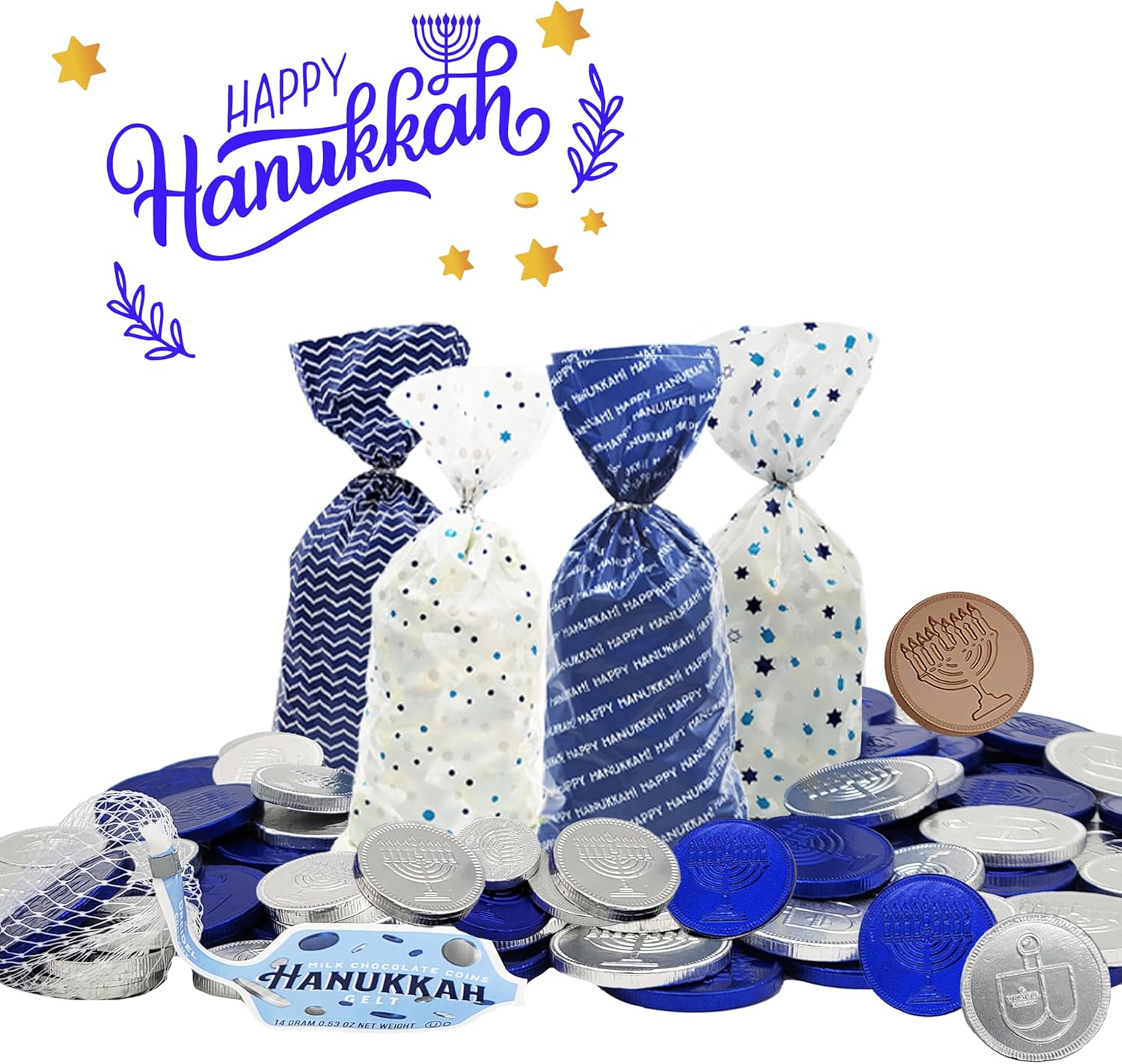 The Dreidel Company 144 Hanukkah Cellophane Treat Bags Chanukah themed Candy Bags Plastic Cellophane Assorted Bag Size 5" X 3 1/4" X 11" 1 with 144 Silver Twist Ties for Hanukkah Decorations - Image 7