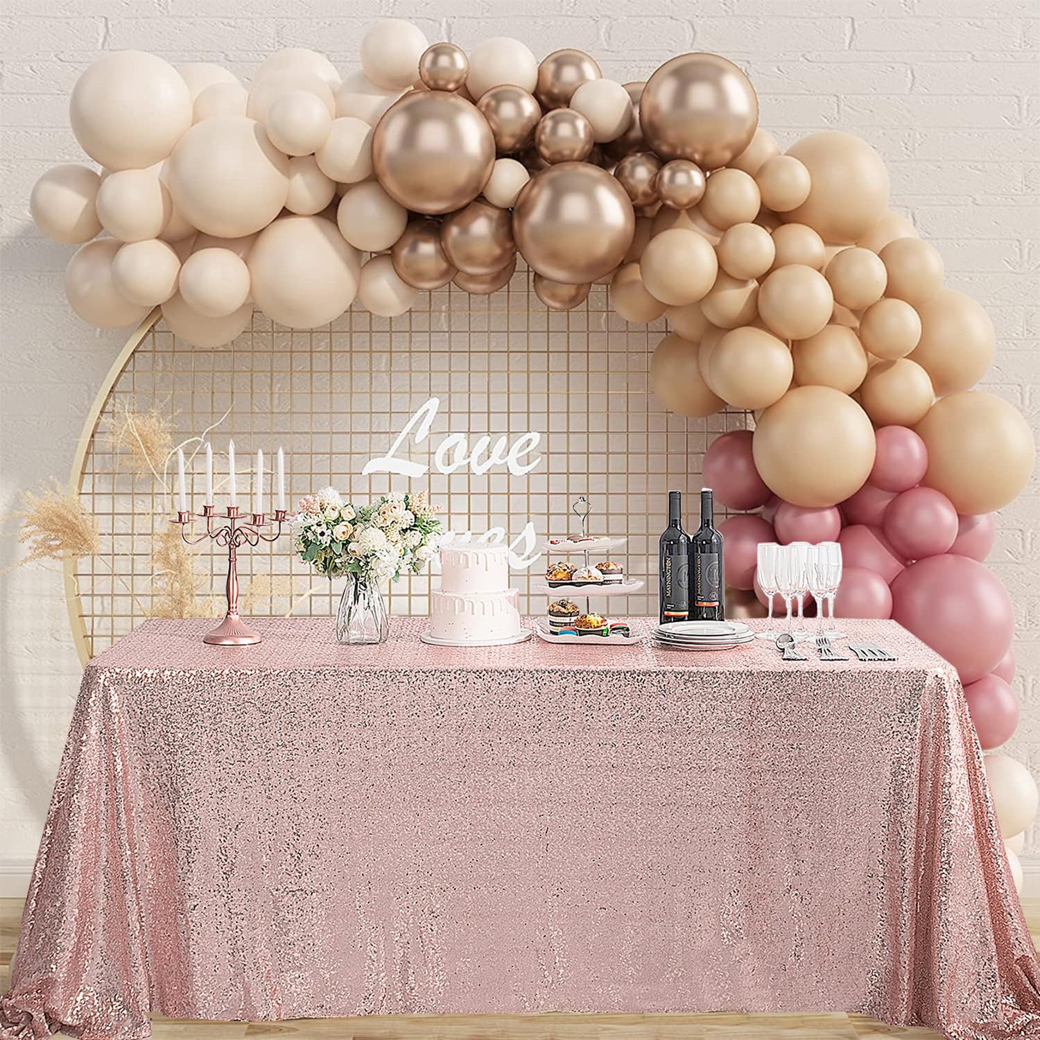 Pufogu 152 cm x 259 cm różowe złoto cekinowy obrus prostokątny brokat różowe złoto obrusy na urodziny ślub ślub baby shower dekoracje imprezowe