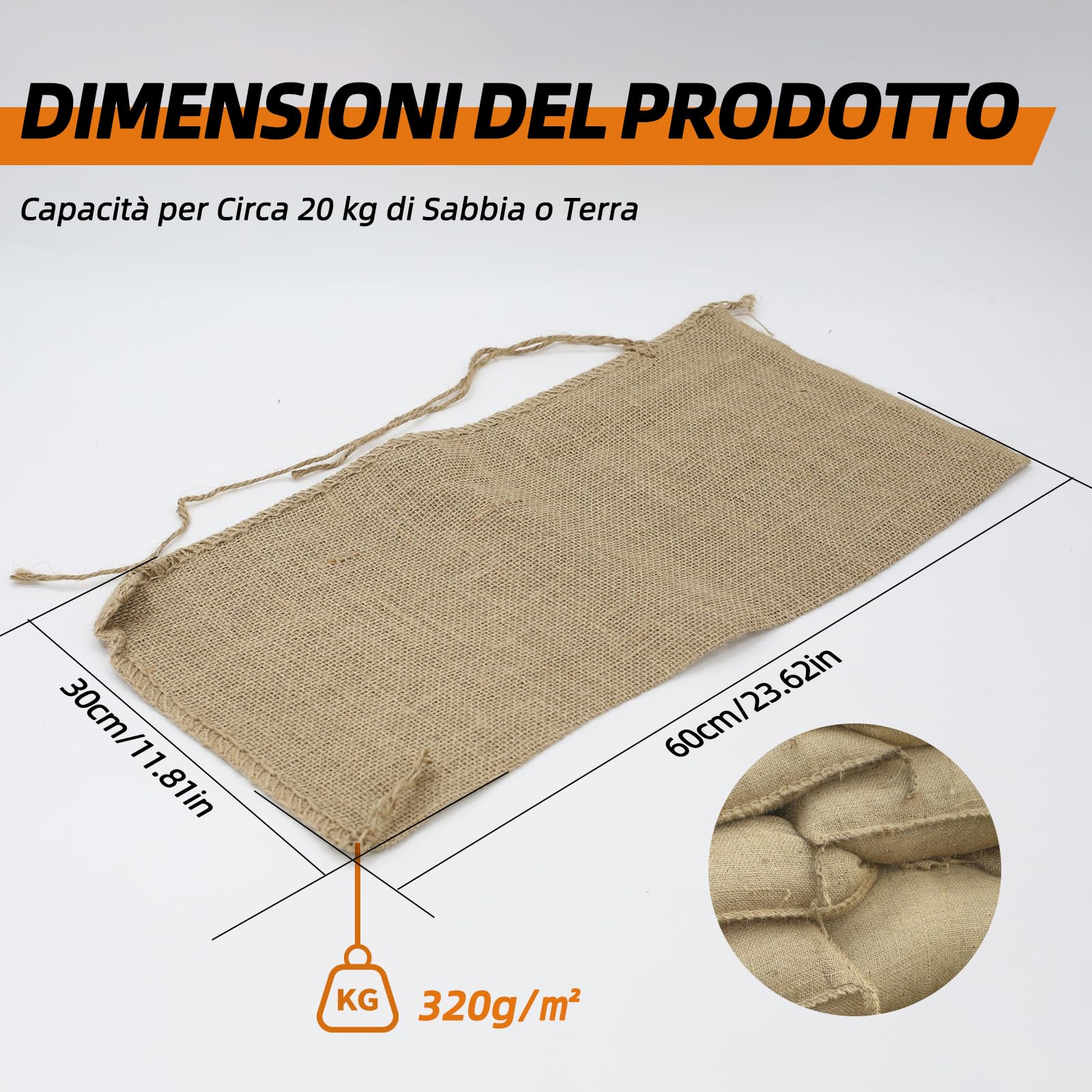 Sacchi di iuta (30 x 60 cm), 20 pezzi, vuoti, ideali per la protezione delle inondazioni, sacchetti stabili