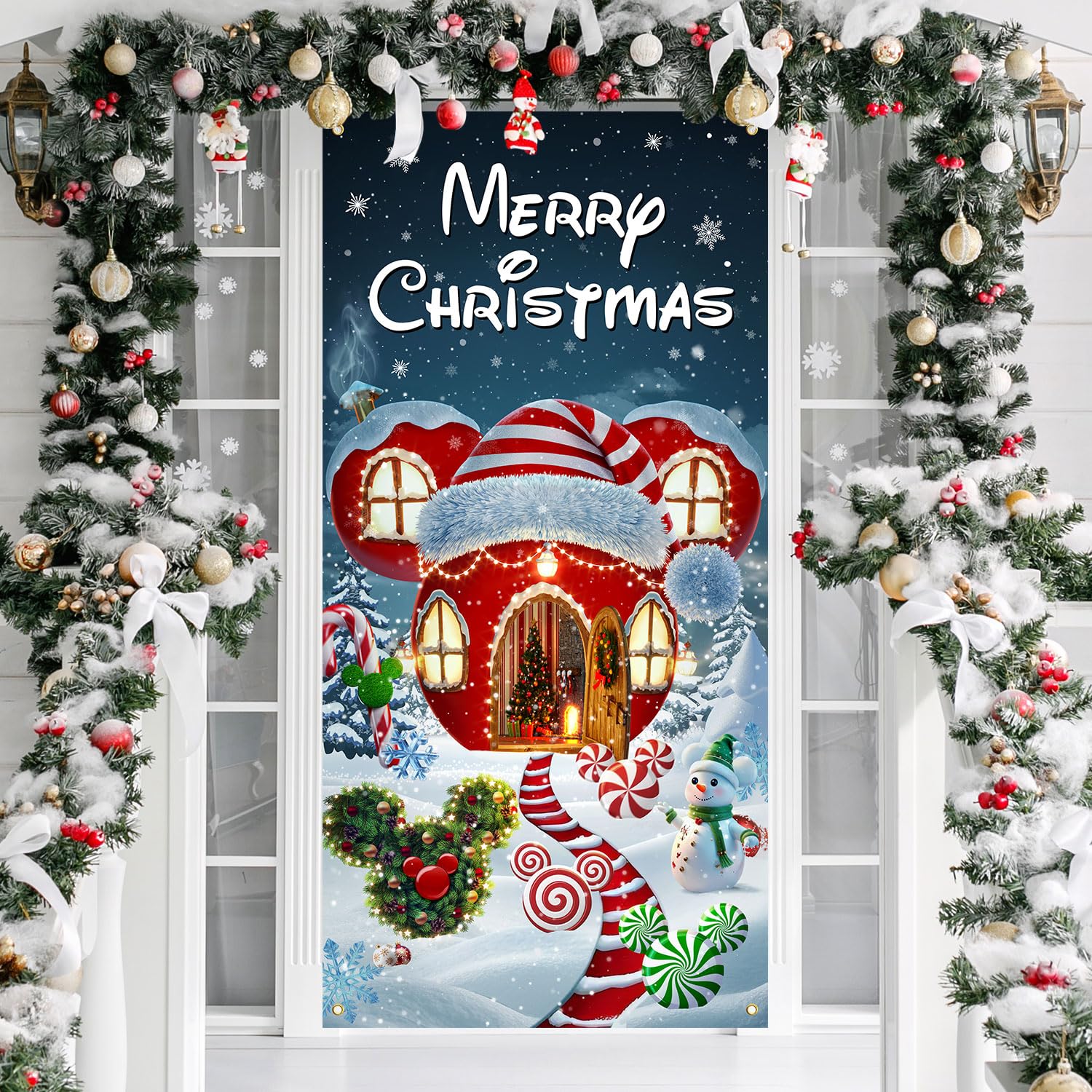 Christmas Mouse Door Cover Decorations, Merry Christmas Mouse Shaped House Door Decor, Fabric Backdrop Banner Photo Booth Props for Indoor Porch Front
