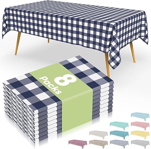 Miniatura 23 de Smiry Paquete de 8 manteles desechables a cuadros, mantel de plástico impermeable de 54 x 108 pulgadas, manteles rectangulares a cuadros caqui y