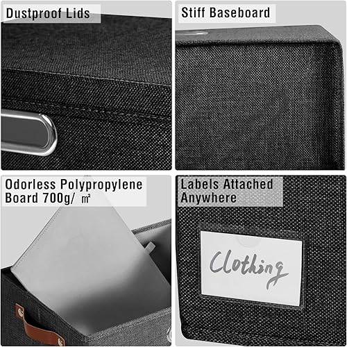 Miniatura 5 de 15" Large Collapsible Storage Bins with Lids, Stackable Closet Organizers with PU Handle and Labels, 3-Pack Decorative Fabric Storage Boxes for Negro