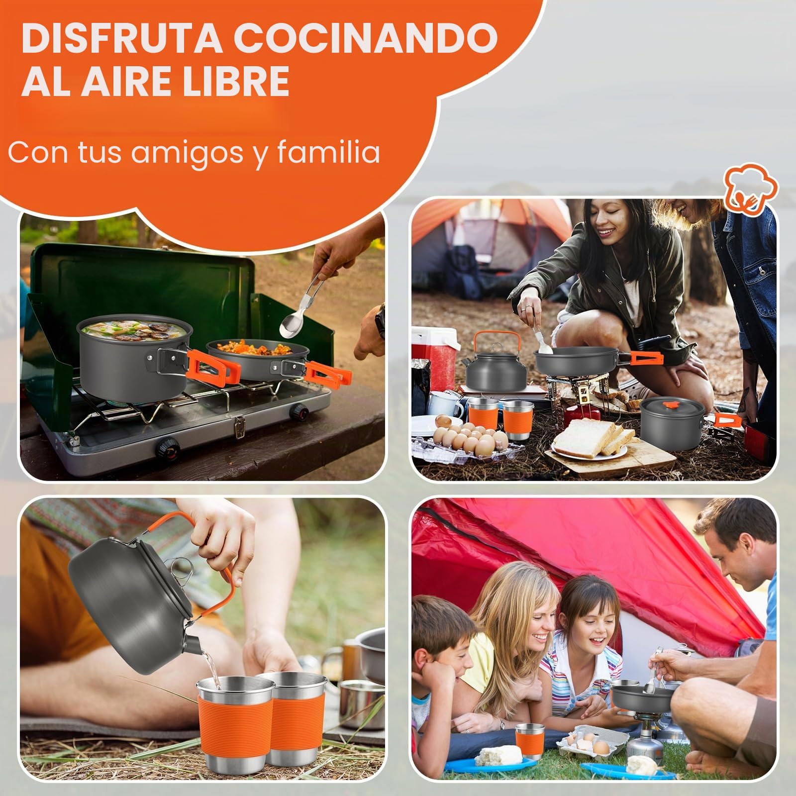 FUNYKICH 17PCS Utensilios Cocina Camping, Antiadherente Ligero Camping Ollas y Sartenes con Hervidor de Agua, Tazas de Acero Inoxidable, Tenedores Plegables Cuchillos Cucharas para Acampar
