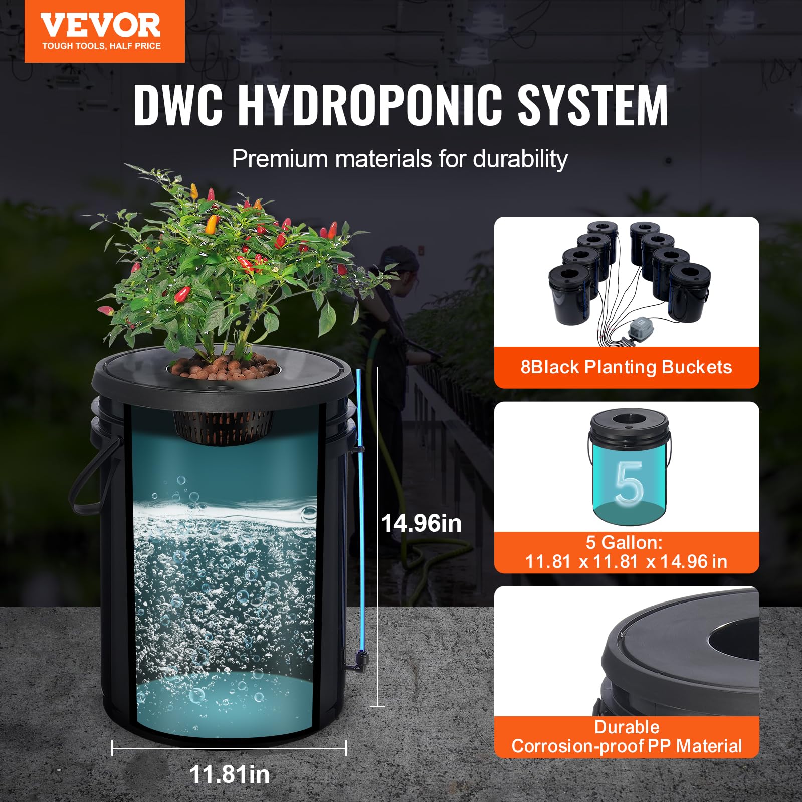 VEVOR Hydroponiczny system uprawy DWC, zestaw do uprawy głębokiej wody 20 litrów, pompa powietrza, kamienie porowate, urządzenie poziomu wody, system hydroponiczny, warzywa liściaste