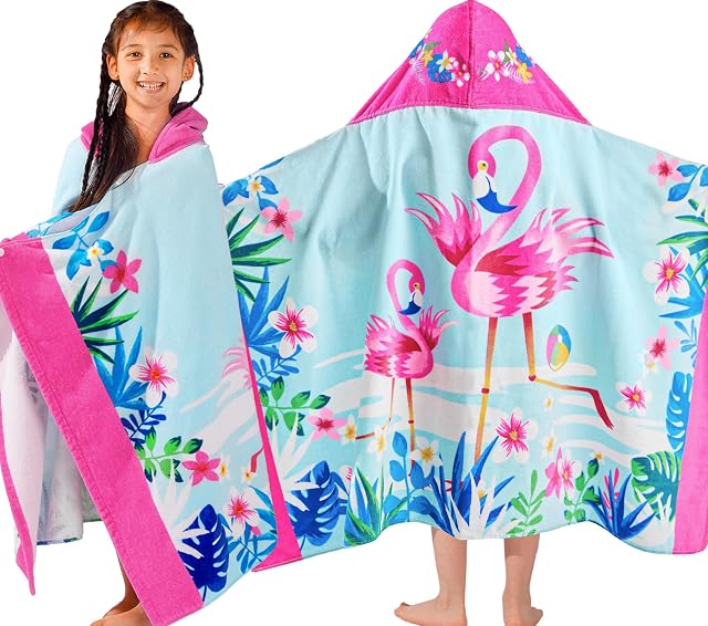 VOOVA & MOVAS Hooded Bath Towels for Toddler | Soft Thick Absorbent Cotton Bathrobe (30X50 inches) for Kids 3T-10 Years | Perfect for Kids Beach, Pool, Bath, Tropical Flamingo