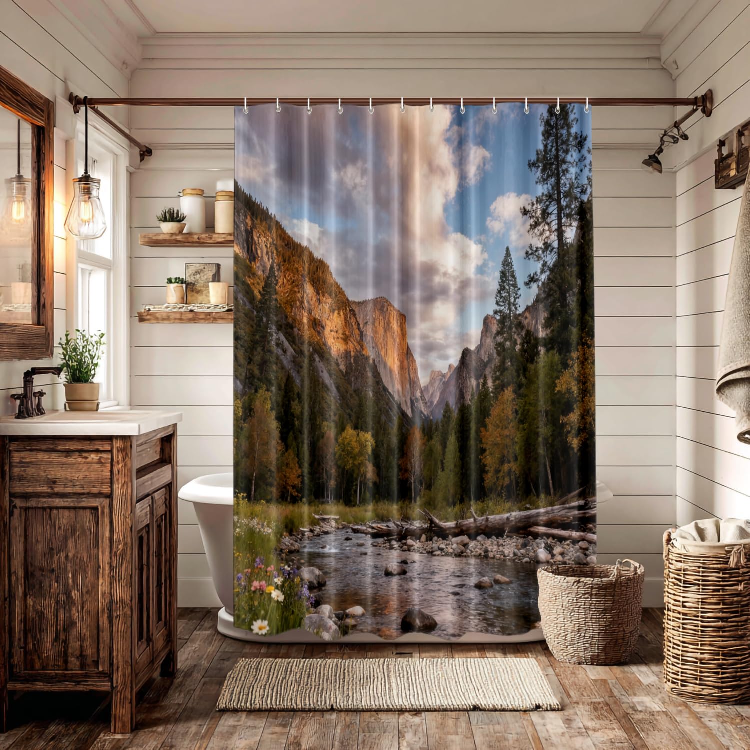 Batmerry Cortina de ducha con diseño de paisaje salvaje verde savia, hermosa decoración de baño de fibra de poliéster, anillos de plástico de secado rápido, impermeable, para bañeras/baño, 72 x 36