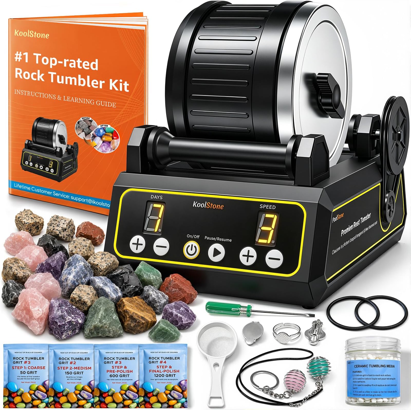 C1 Rock Tumbler Kit - Professional Large 2.5LB Capacity, Up to 5X More Noise Cancelling, Adjustable Timer & Speed with Full Accessories & Memory Function