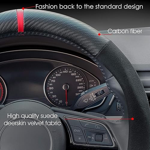 Miniatura 2 de Carodi Funda de gamuza de fibra de carbono para volante, de cuero antideslizante, ajuste interior de automóvil de 15 pulgadas, universal (forma de