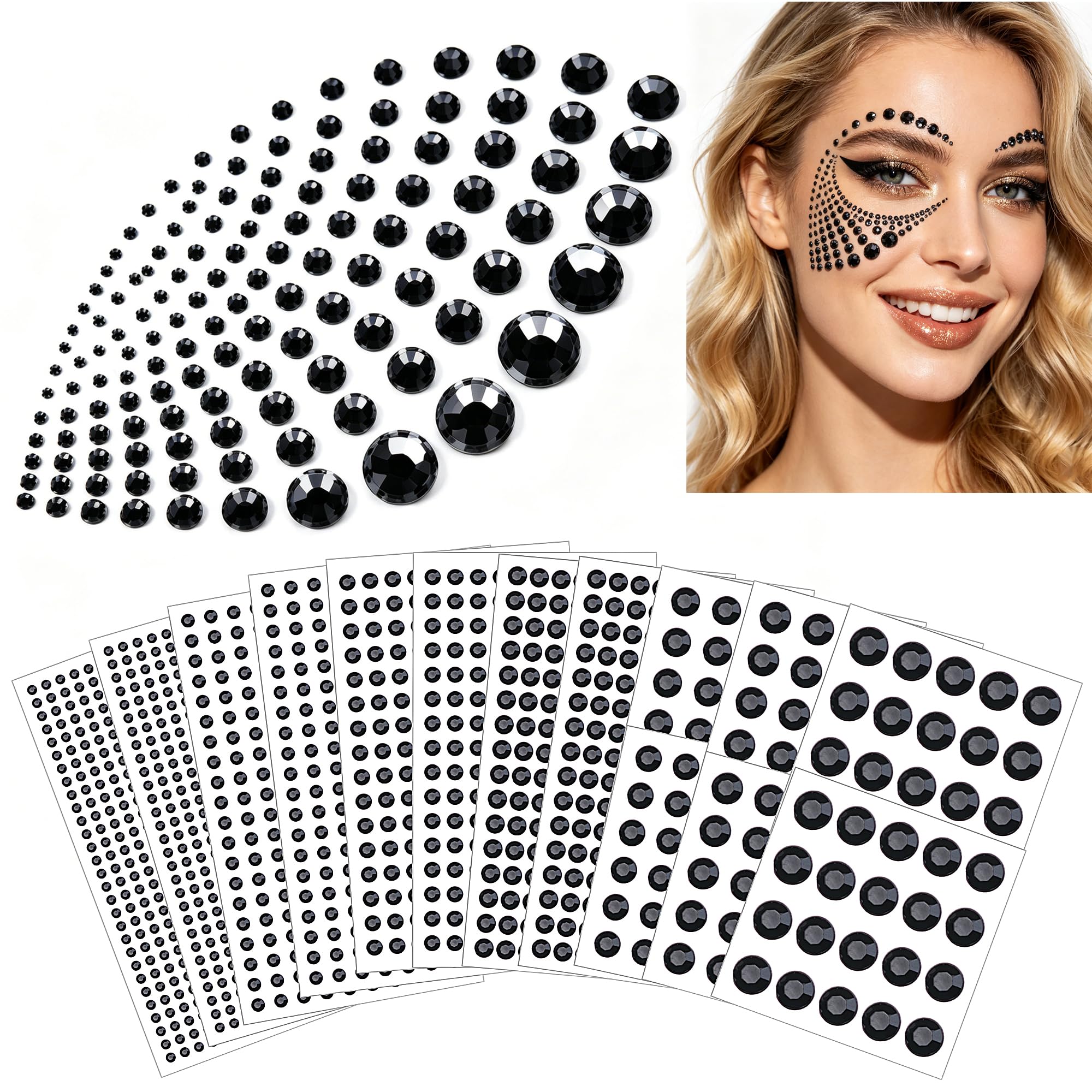 2102pcs Face Gems Stick on, Self Adhesive Hair Jewels Rhinestones Stickers