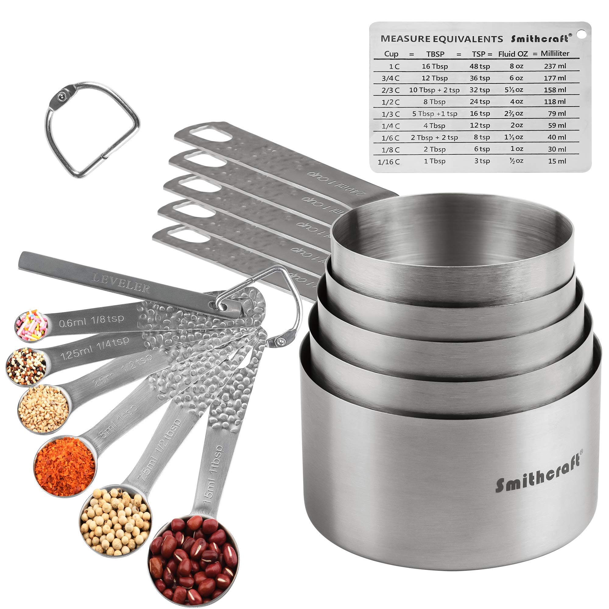 SmithcraftStainless Steel Measuring Cups and Spoons set ,Includes 5 Measuring Cups and 6 Measuring Spoons and Measurer Ingredient Leveler and Magnetic Conversion Chart
