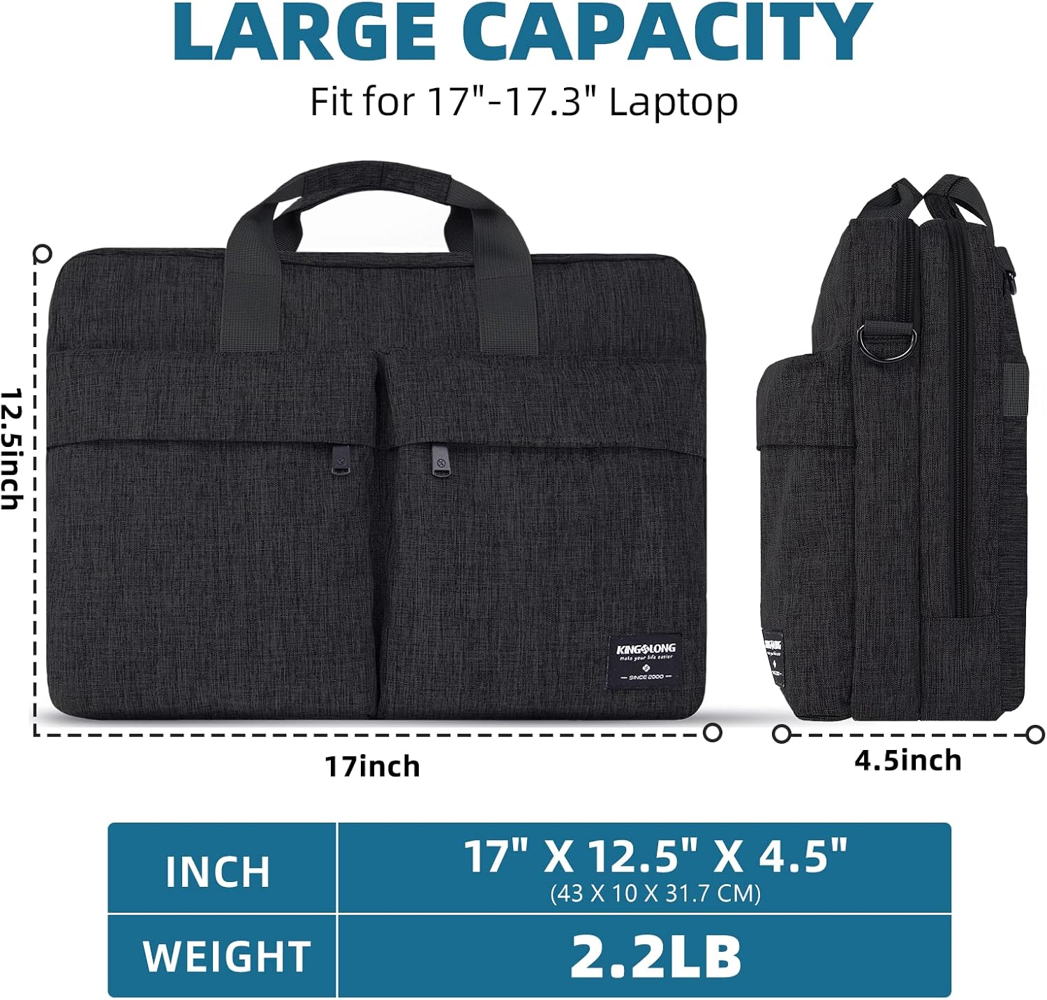 KINGSLONG 17.3 inch Laptop Briefcase Bag for Men Women, Laptop Messenger Bag with Shoulder Strap, Water Resistant Business Crossbody Bag Computer Bag for Asus Acer Dell Thinkpad, Black - Image 2