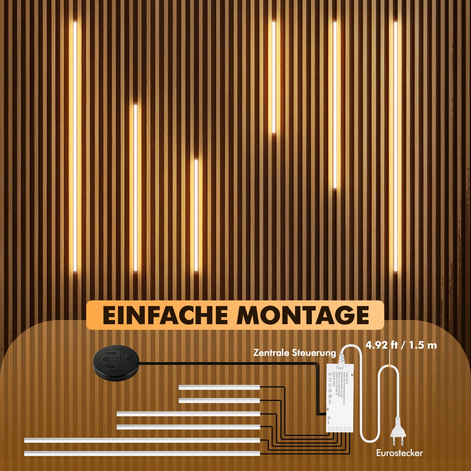 Tira de luz LED integrada para paneles acústicos, regulable, autoadhesiva, luz blanca cálida, 6 unidades con interruptor táctil, tira autoadhesiva, para paneles de pared, iluminación (40 x 2