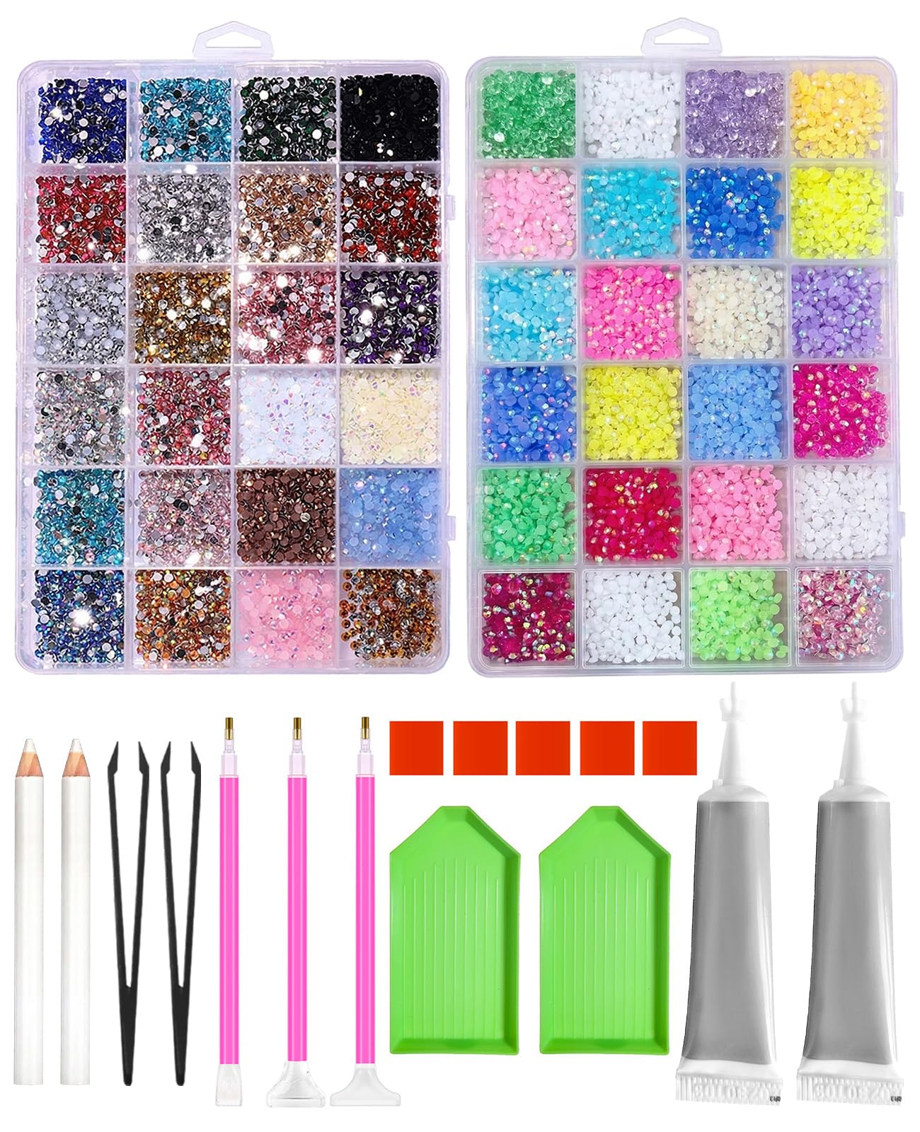 Bettinay 48Colors Nail Rhinestones, 3MM Flatback Rainbow Gems with 2 Jewelry Glue for DIY Art Crafts Decoration