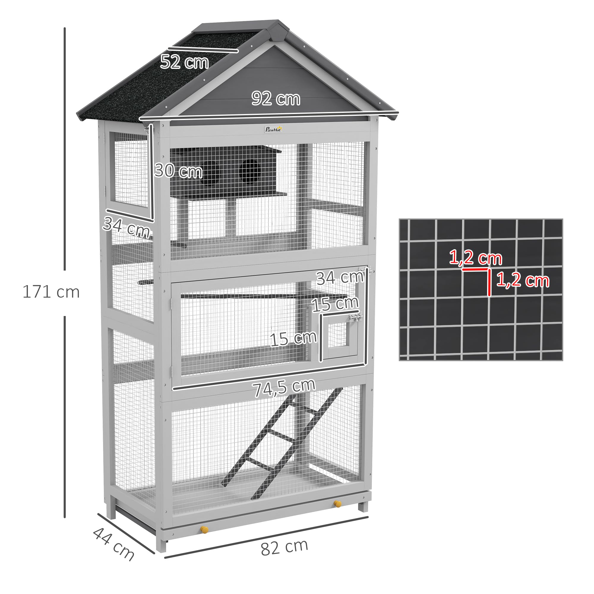 PawHut Cage à Oiseaux en Bois, Cage Perroquet, Aire de Jeux, volière Oiseaux extérieur, Toit Asphalte imperméable, pour Perruche, calopsitte, Conure, canaris, 92 x 52 x 171 cm, Gris
