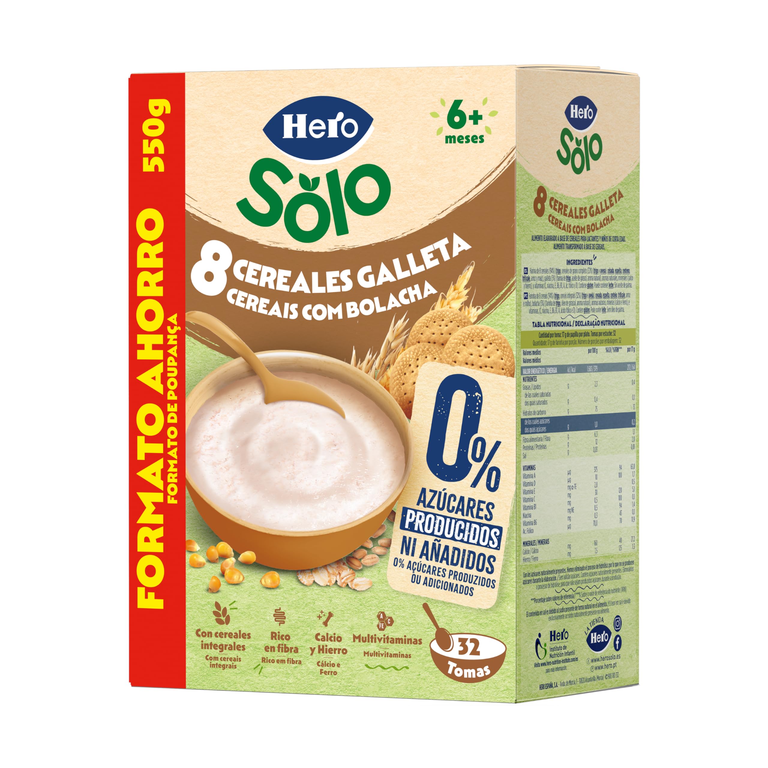 Hero Solo Papilla 8 Cereales con Galleta, Sin Azúcares Añadidos, Rica en Fibra y Vitaminas, Sabor Natural para Bebés, a partir de 6 meses, 6 ud x 550gr