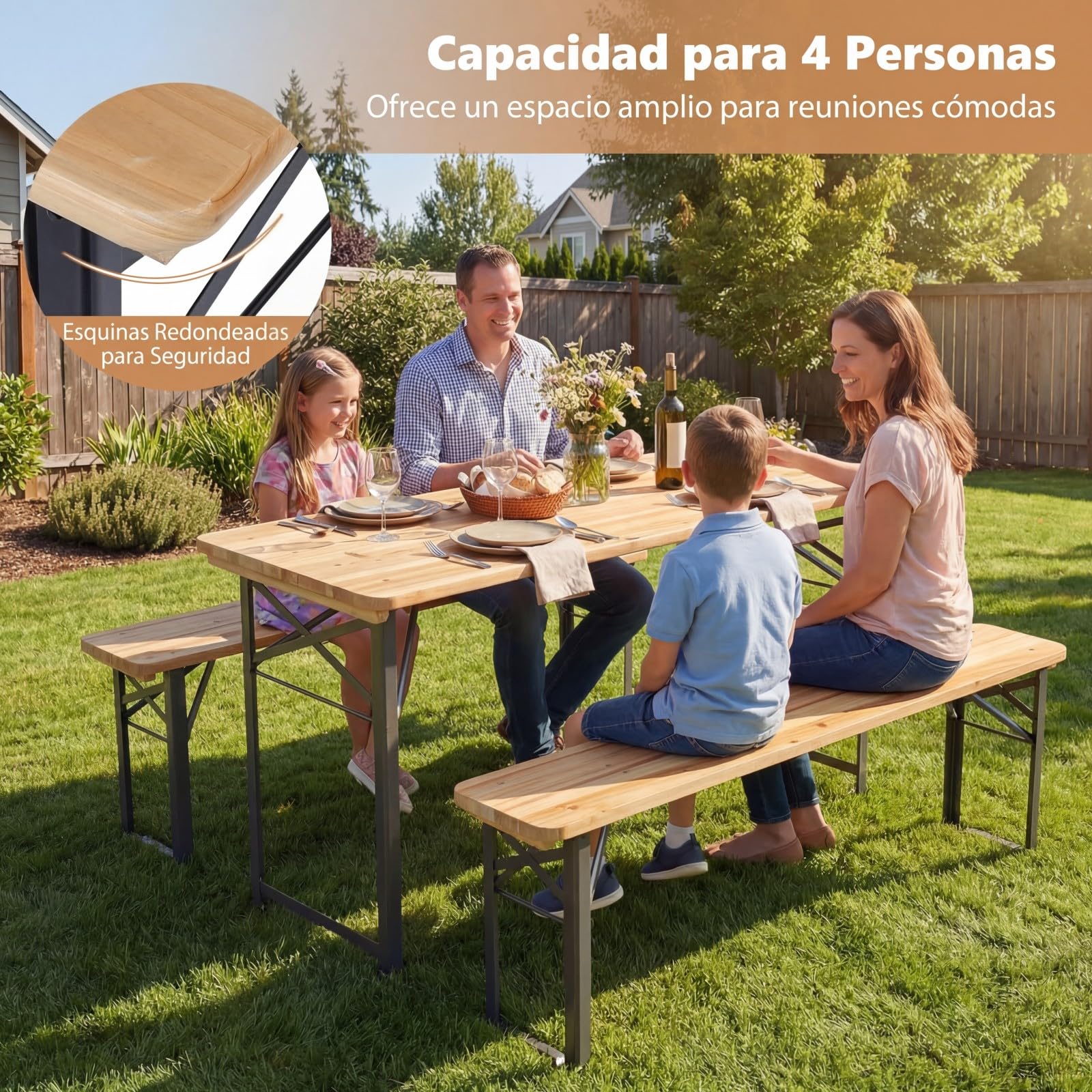 COSTWAY Conjunto de Mesa y 2 Bancos de Exterior, Mesa de Comedor y Bancos Plegables de Madera de Abeto con Estructura Metálica, sin Montaje, Ideal para Acampadas, Picnics, Natural