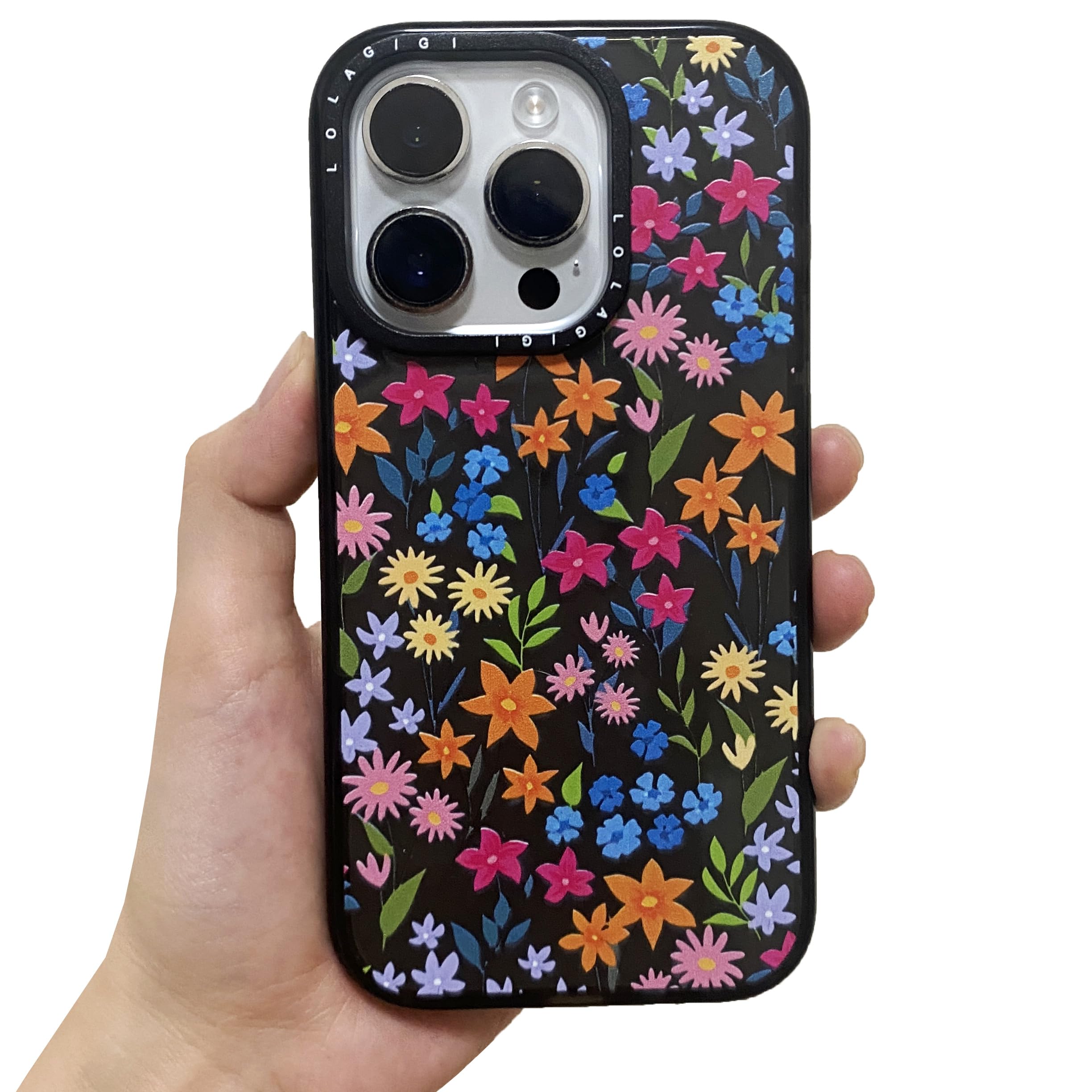 LOLAGIGI Case for iPhone 15, Black Color Flower Florid Print Kawaii Design Girly Aesthetic Cartoon Pattern for Women Girls Teens Soft TPU Case,6.1"
